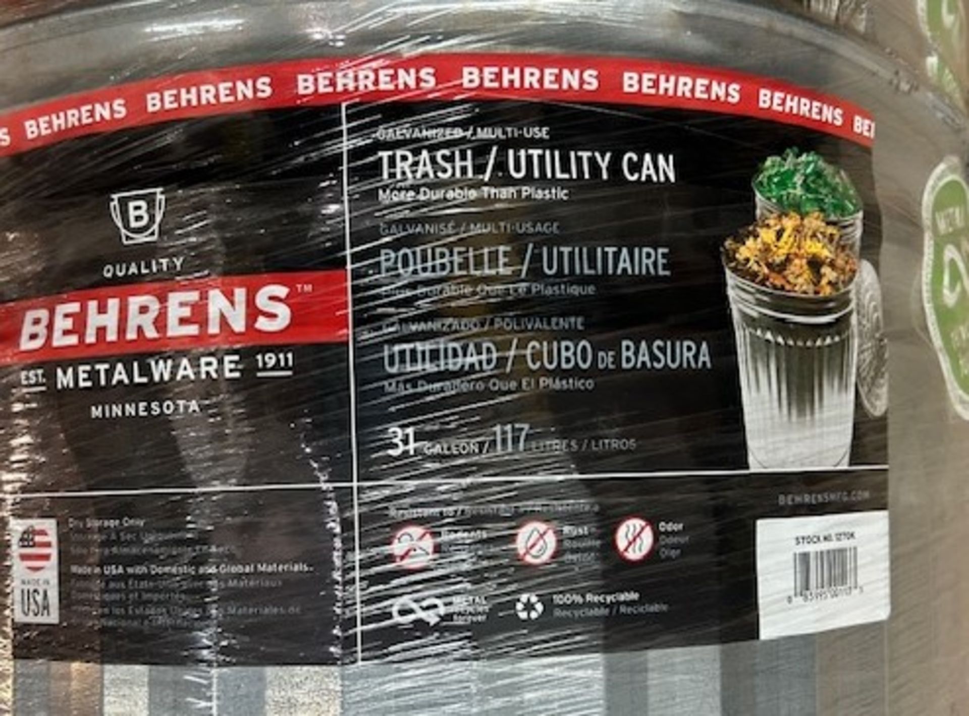 (36) #1270 Behrens 31 Gallon Galvanized Steel Garbage Can with Lid - Image 2 of 2