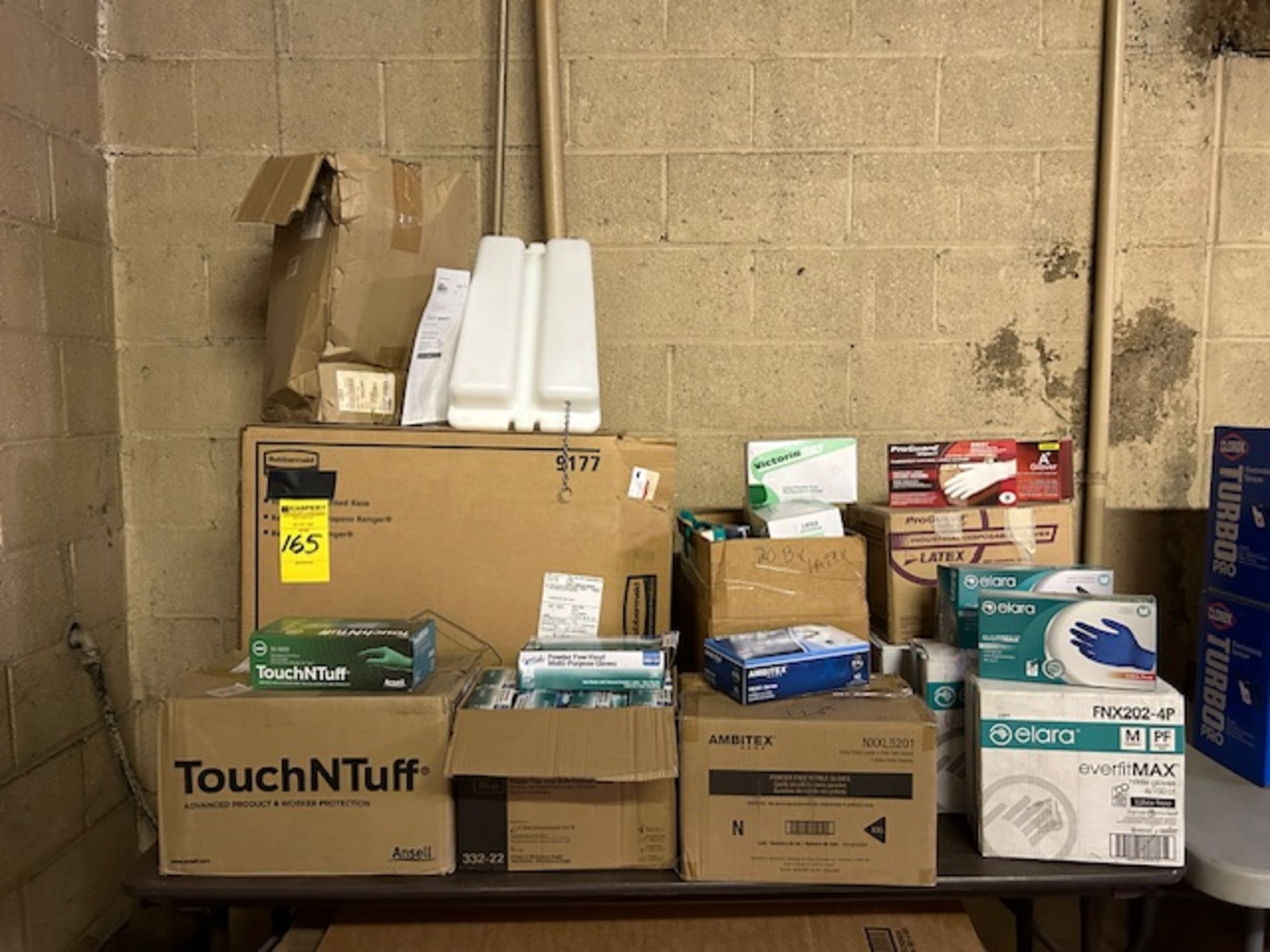 LOT - Assorted Vinyl and Latex Gloves (Approx 80 Boxes) and other Janitorial Supplies
