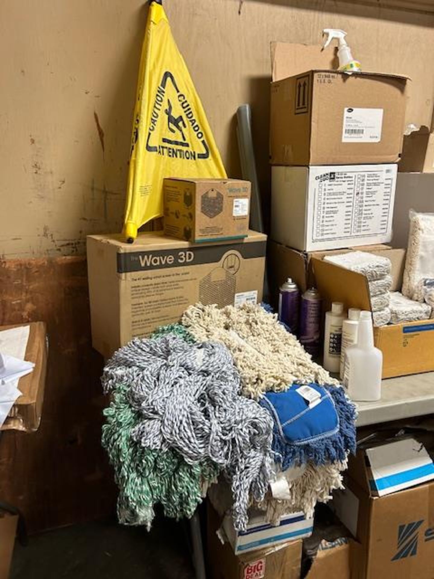 LOT - Assorted Janitorial Supplies on Table