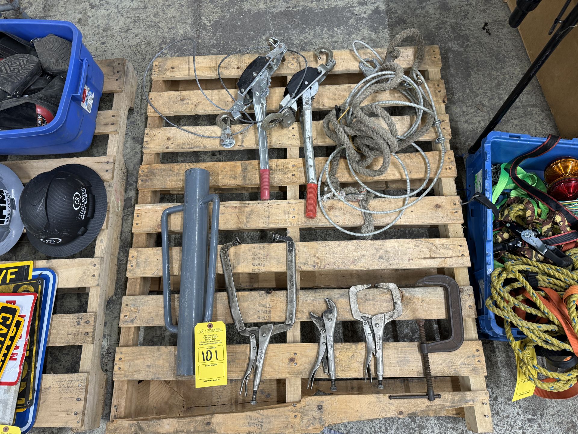 PALLET WITH VICE GRIPS; WRENCHES; POST DRIVER