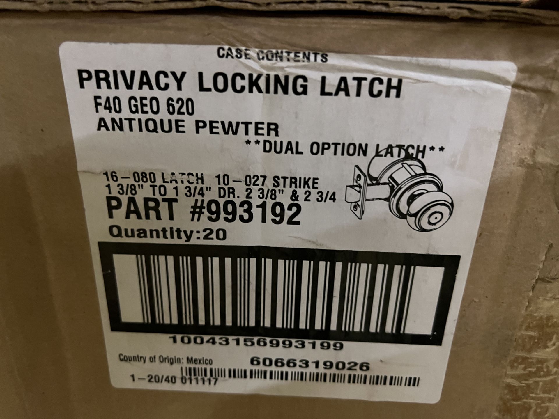 (20) SCHLAGE PRIVACY LOCKING LATCH ANTIQUE PEWTER PART # 993192 1 3/8" TO 1 3/4" DOOR RANGE; 2 3/ - Image 2 of 3