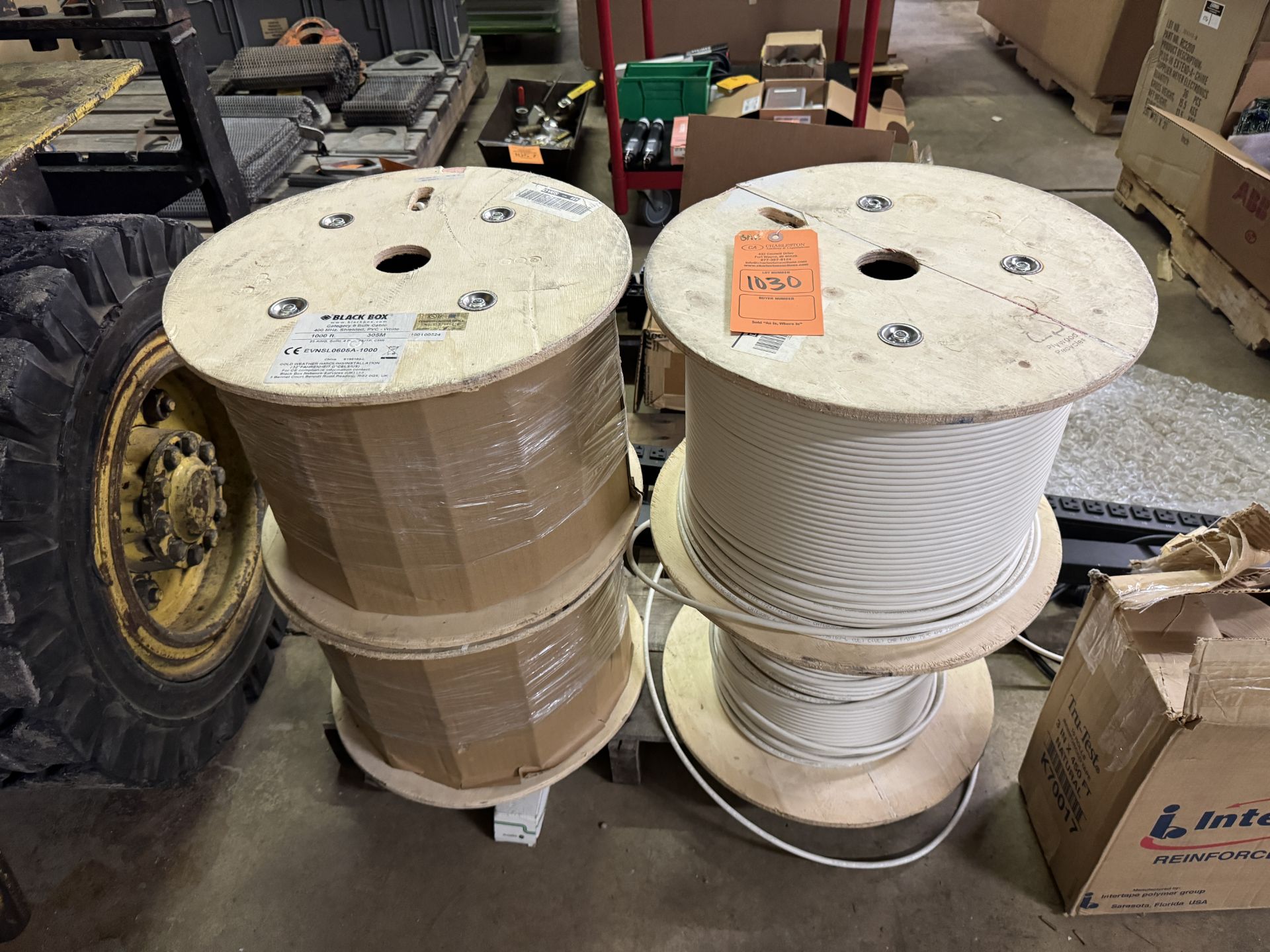 PALLET AND CONTENTS: (4) SPOOLS OF COMMUNICATION CABLE; (10) GE CIRCUIT BREAKERS; (2) POWER