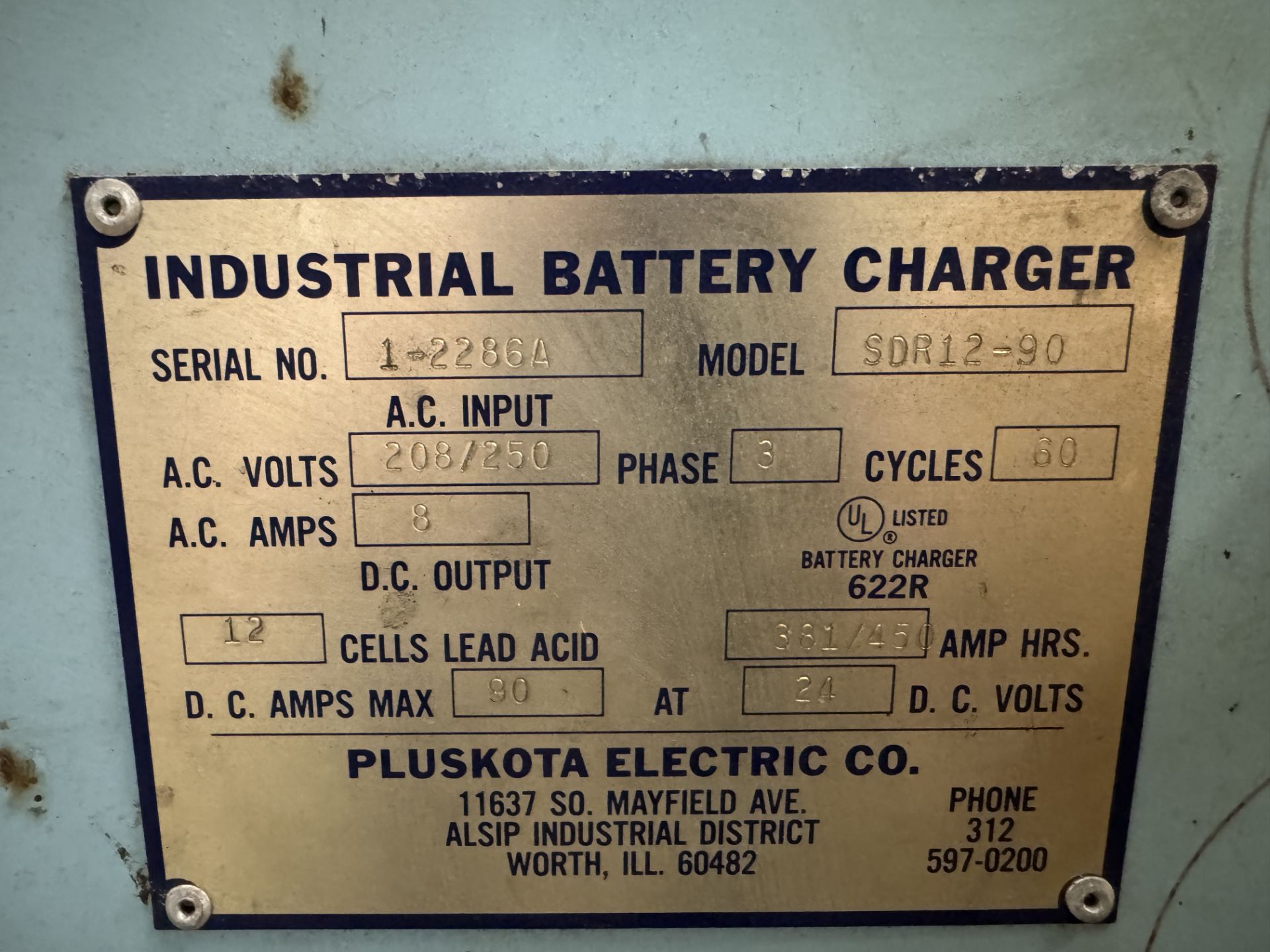 PLUSKATA INDUSTRIAL BATTERY CHARGER MODEL # SDR12-90 SERIAL # 1-2286A; 3 PHASE; 208/250 VOLTS; 8 - Image 3 of 3