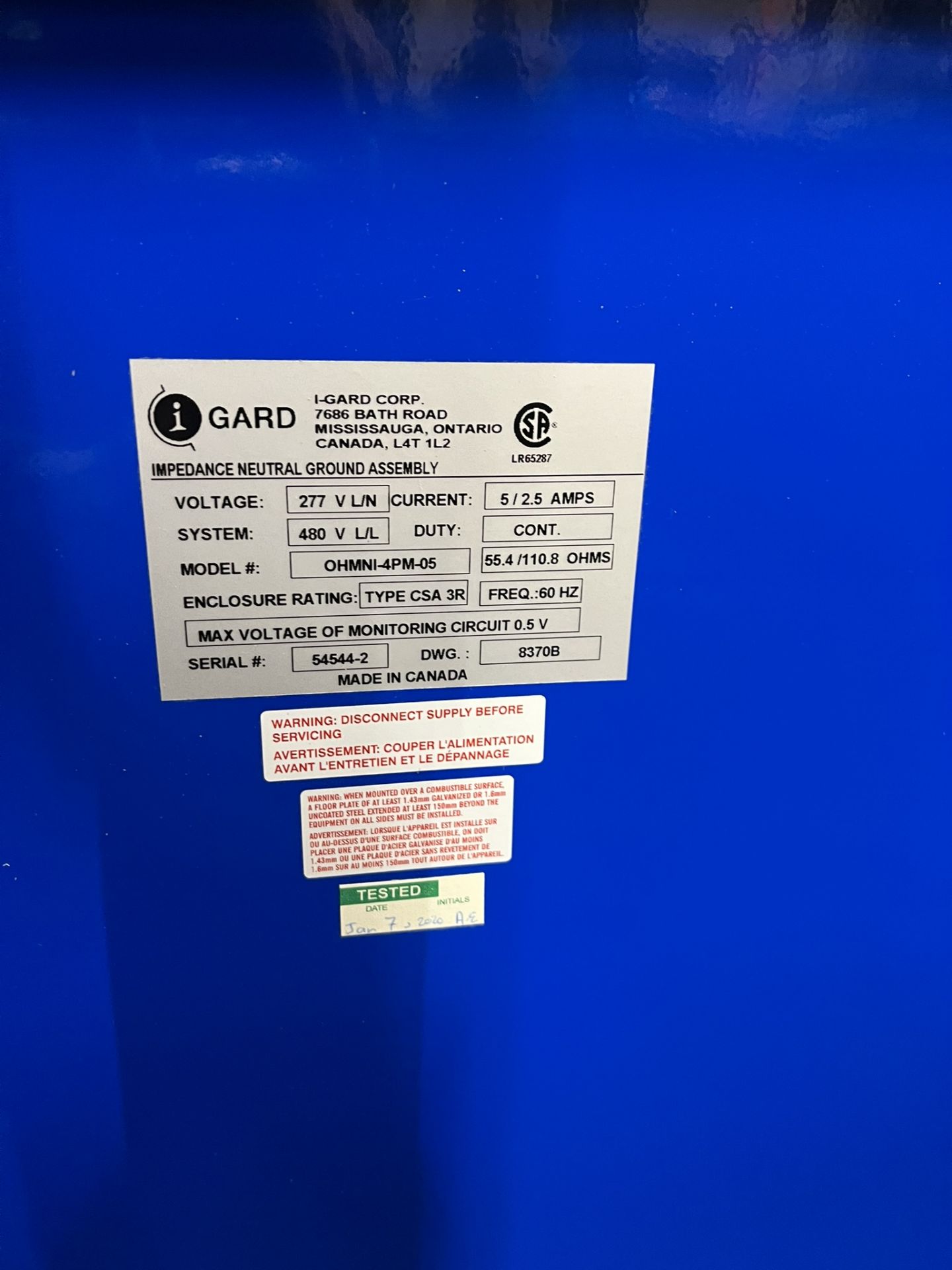 PALLET WITH IGARD IMPEDENCE NEUTRAL GROUND ASSEMBLY OHMNI-4PM-05; 277 V; 5/2.5 A; 60 HZ; SERIAL # - Image 2 of 2