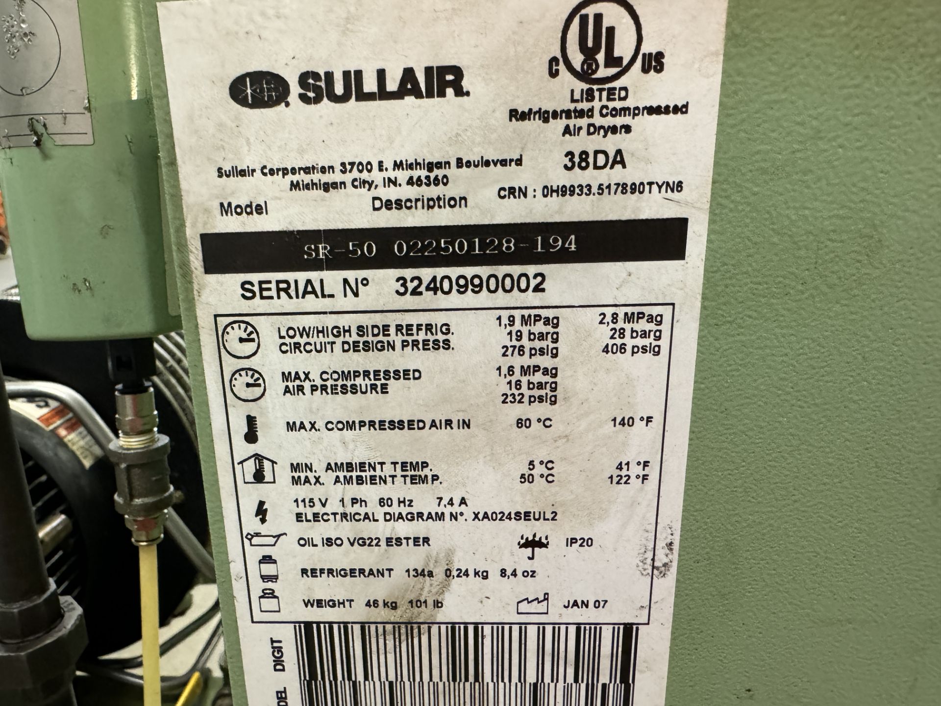 SULLAIR ES-6 ROTARY SCREW AIR COMPRESSOR MODEL # ES6-10H/A 15108 HOURS; SULLAIR SR-50 REFRIGERATED - Image 6 of 6