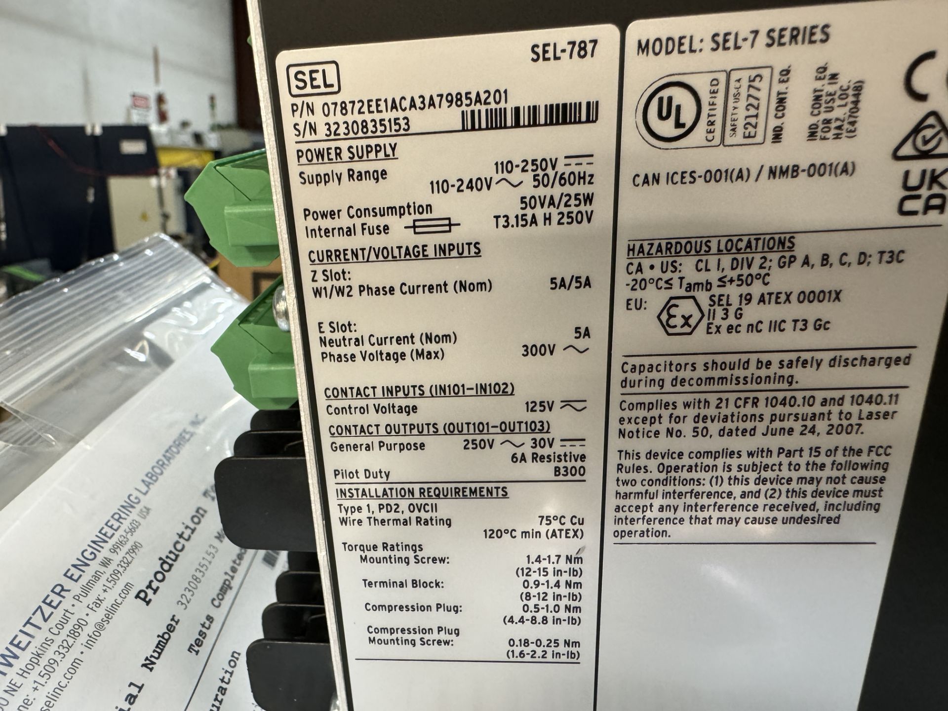 SCHWEITZER ENGINEEROING SEL-787 TRANSFORMER PROTECTION RING - Image 2 of 2