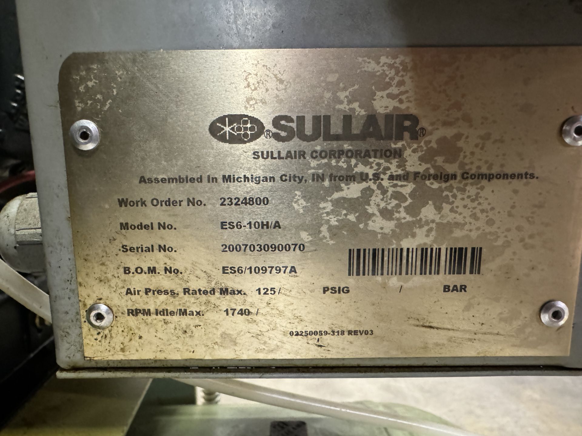 SULLAIR ES-6 ROTARY SCREW AIR COMPRESSOR MODEL # ES6-10H/A 15108 HOURS; SULLAIR SR-50 REFRIGERATED - Image 4 of 6