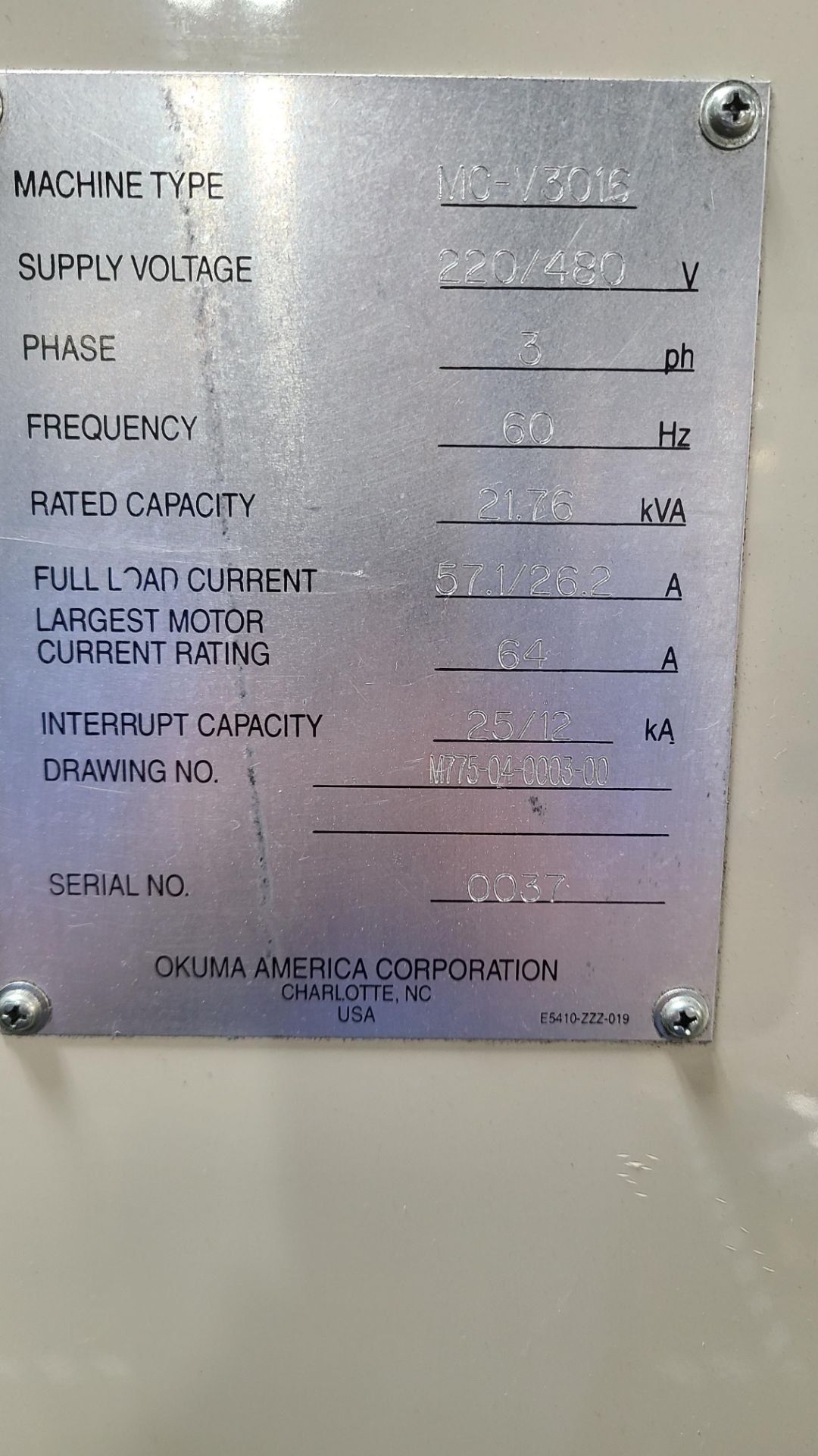 OKUMA MCV3016 VERTICAL MACHINING CENTER; 220/480; 3 PH; 60 HZ; 21.76 KVA; SERIAL # 0037; OKUMA OSP- - Image 5 of 6