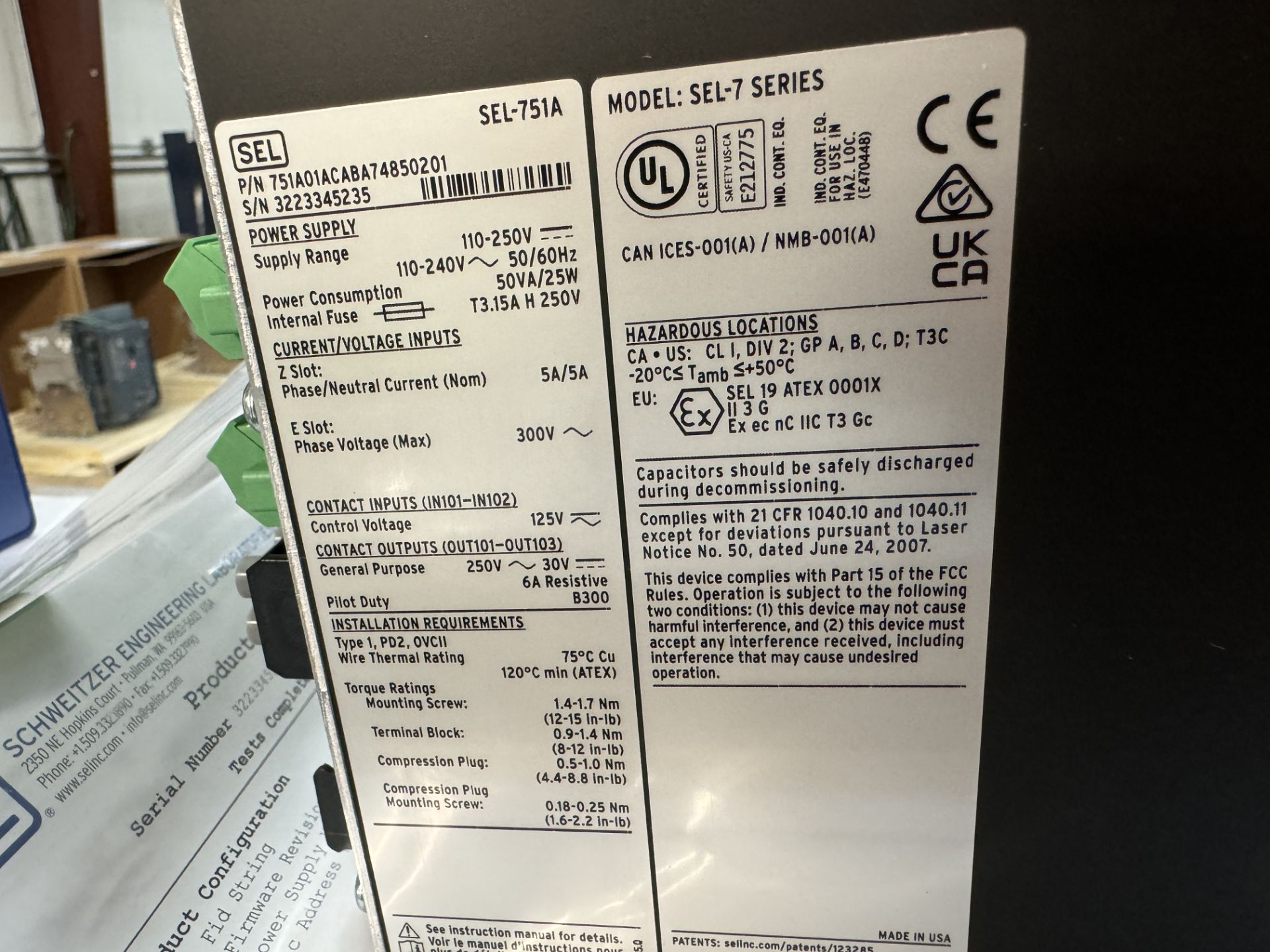 SCHWEITZER ENGINEERING SEL-751A FEEDER PROTECTION RELAY - Image 3 of 4