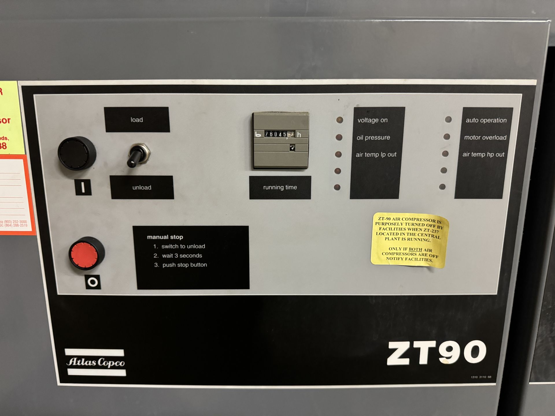 ATLAS COPCO OIL FREE ROTARY SCREW AIR COMPRESSOR MODEL # ZT90; 76045 HOURS (ZONE 3) - Image 3 of 6