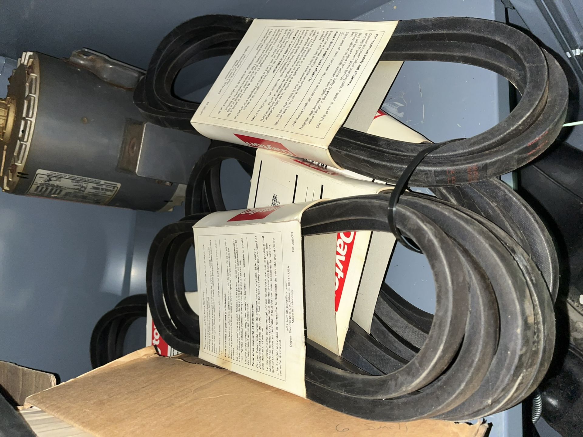 CABINET AND CONTENTS: DAYTON V-BELTS; PVC PIPINGL YORK MOTOR 1/2 HP PART NO: 024 35427 001; MISC ( - Image 10 of 13