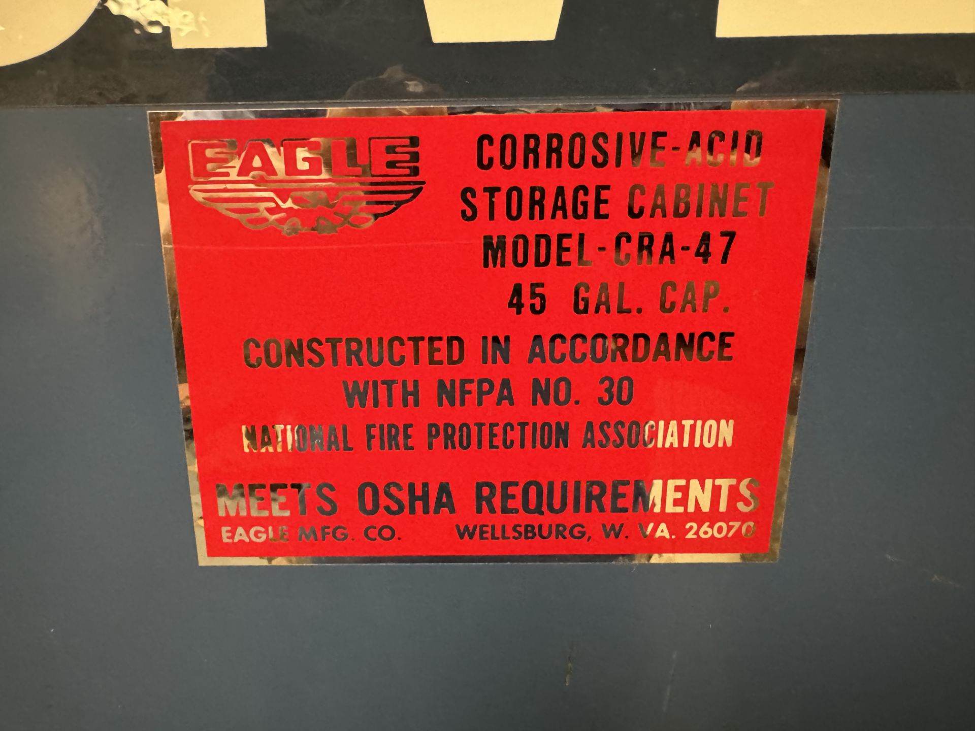 EAGLE CORROSIVE-ACID STORAGE CABINET MODEL # CRA-47; 45 GALLON CAPACITY (ZONE 5) - Image 3 of 3