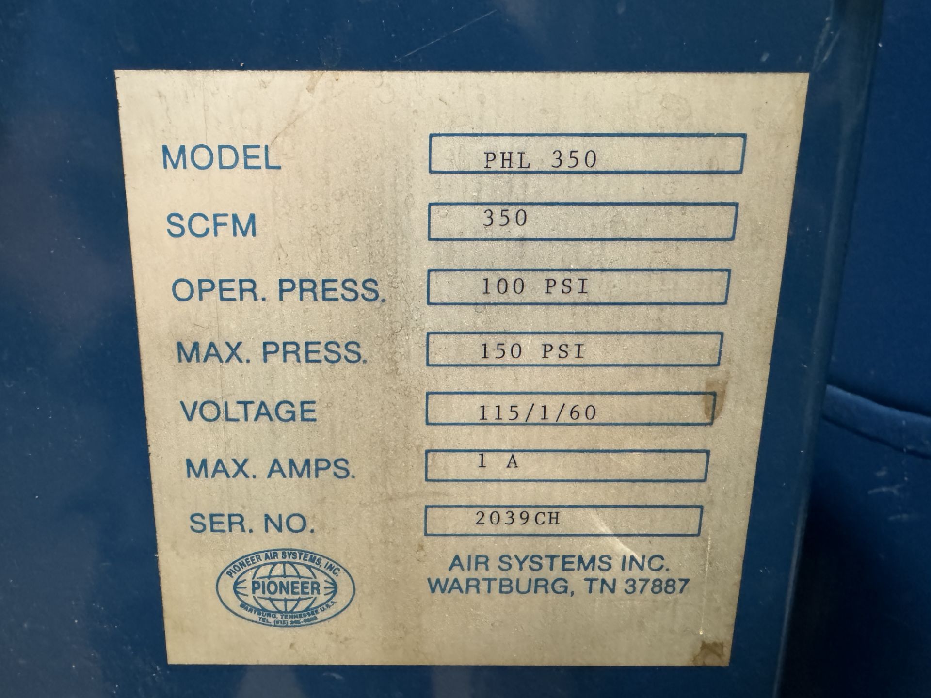 PIONEER DESICCANT AIR DRYER MODEL # PHL350 SERIAL # 2039CH; 115/1/60 (ZONE 3) - Bild 3 aus 3