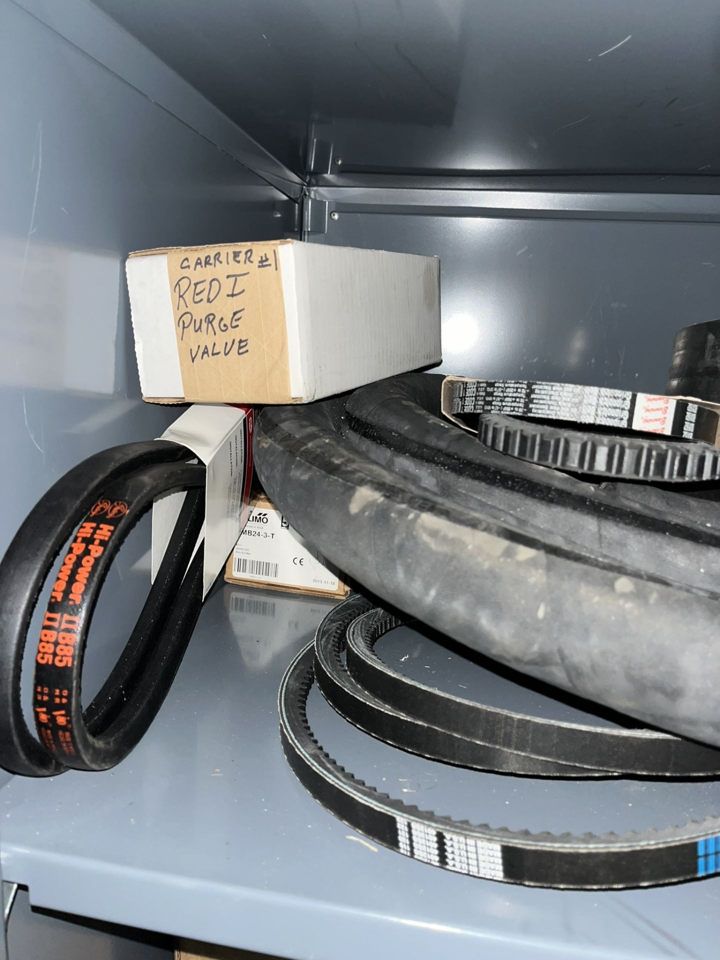 CABINET AND CONTENTS: DAYTON V-BELTS; PVC PIPINGL YORK MOTOR 1/2 HP PART NO: 024 35427 001; MISC ( - Image 6 of 13