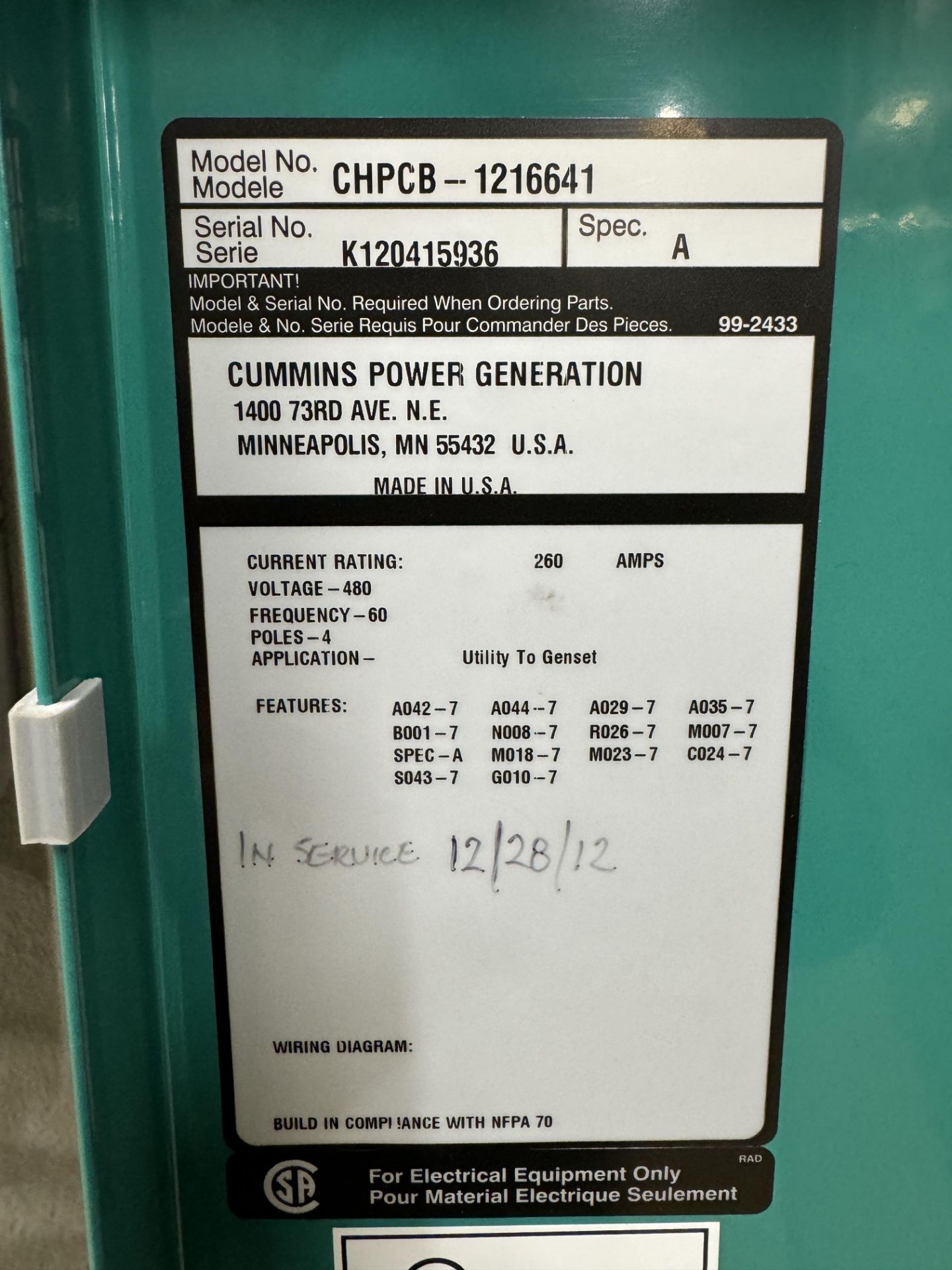 CUMMINS POWER COMMAND TRANSFER SWITCH FOR GENERATOR MODEL # CHPCB-1216641 SERIAL # K120415936 - Image 4 of 4