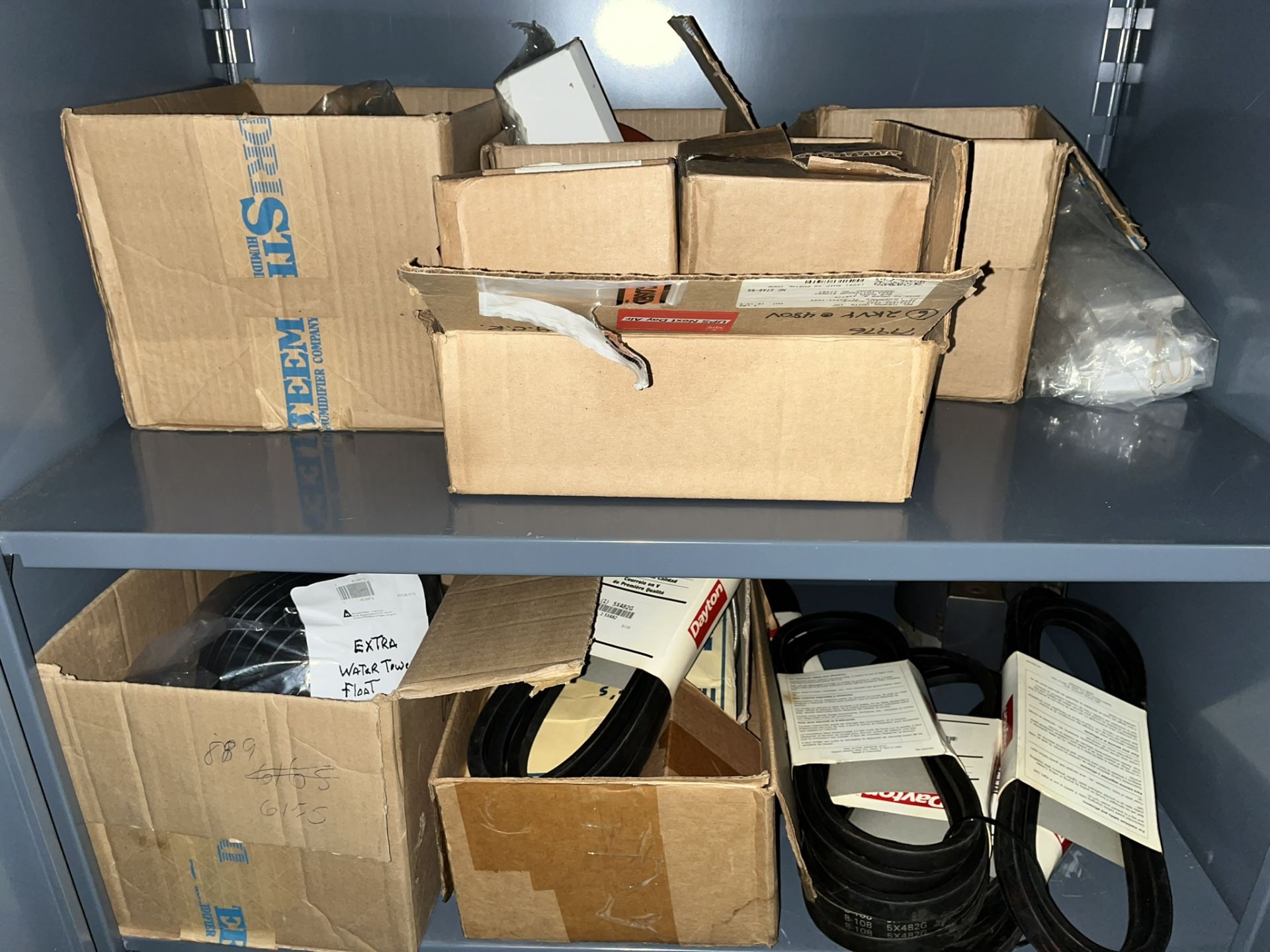 CABINET AND CONTENTS: DAYTON V-BELTS; PVC PIPINGL YORK MOTOR 1/2 HP PART NO: 024 35427 001; MISC ( - Image 7 of 13