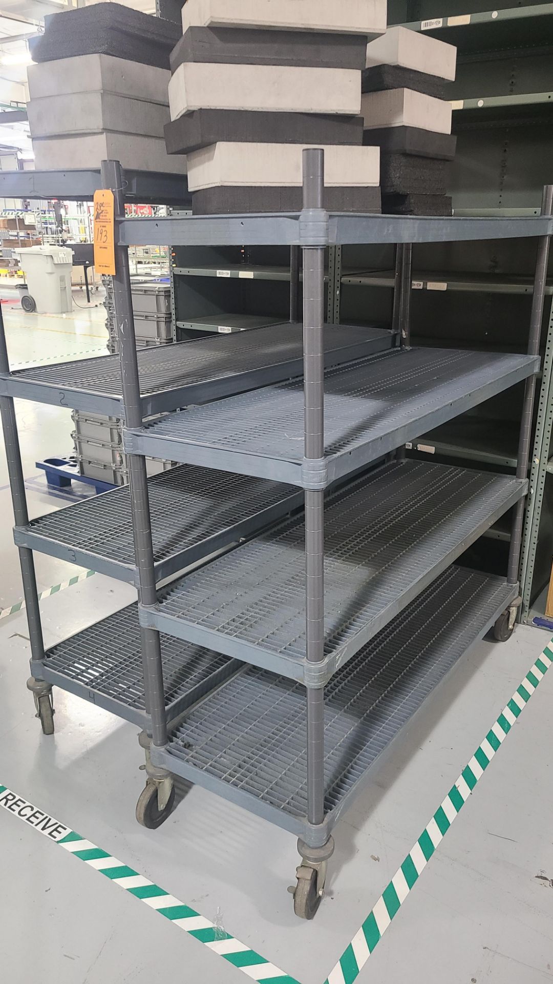 (2) METRO RACKS WITH STEEL UPRIGHTS AND PLASTIC SHELVES