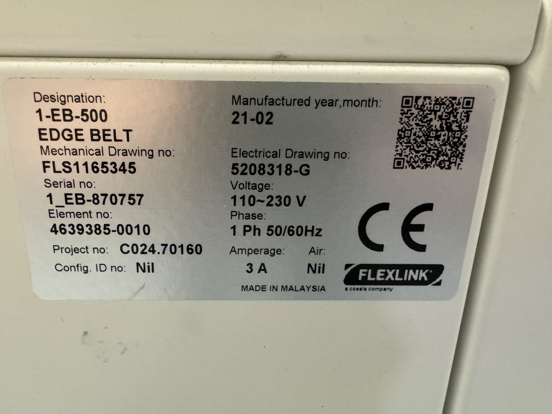 FLEXLINK 1-EB-500 EDGE BELT CONVEYOR SERIAL # 1_EB-870757 - Image 3 of 3