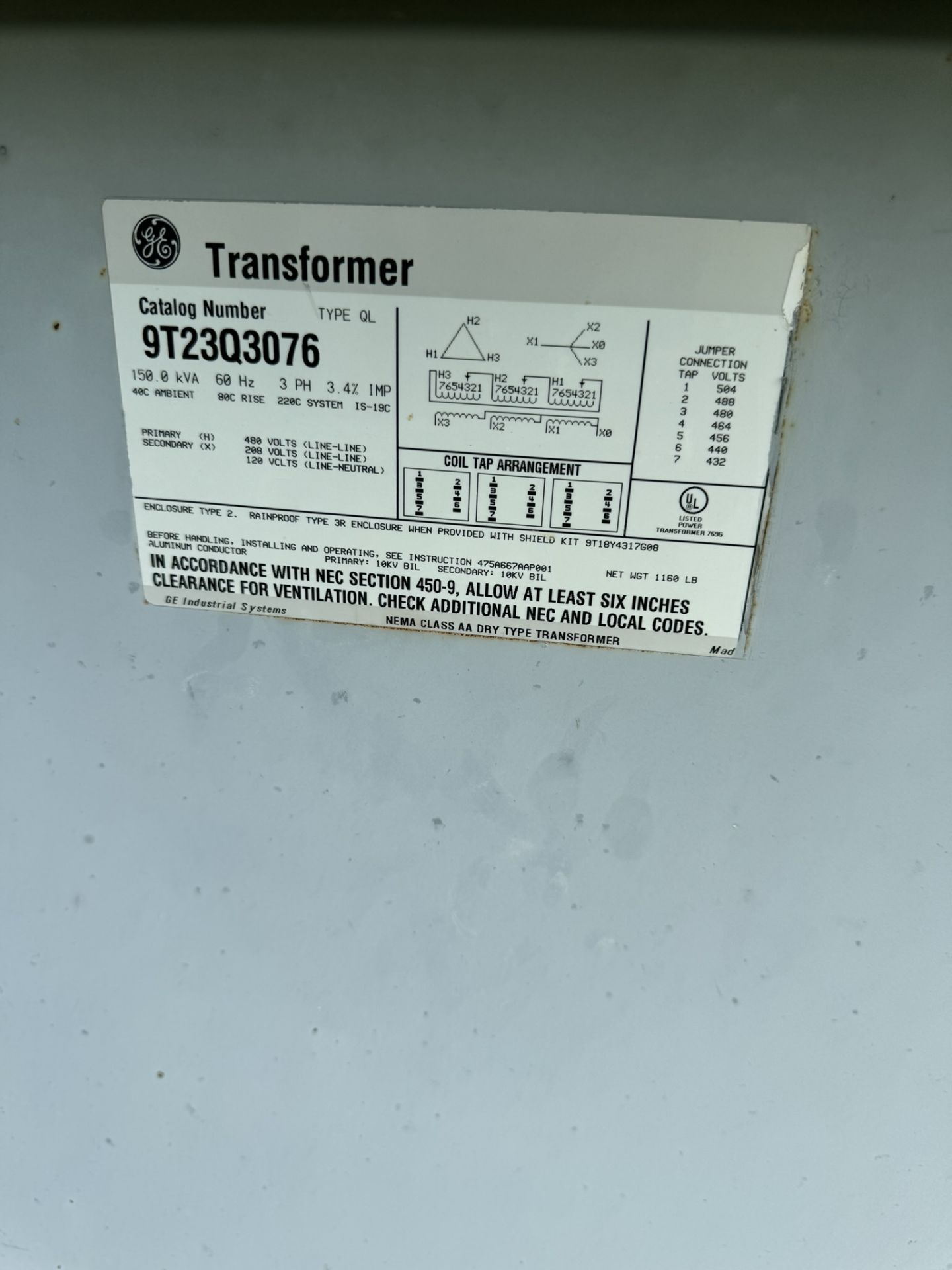 GE 150 KVA TRANSFORMER MODEL # 9T23Q3076 WITH (2) SIEMENS CONTROL PANELS - Image 2 of 4
