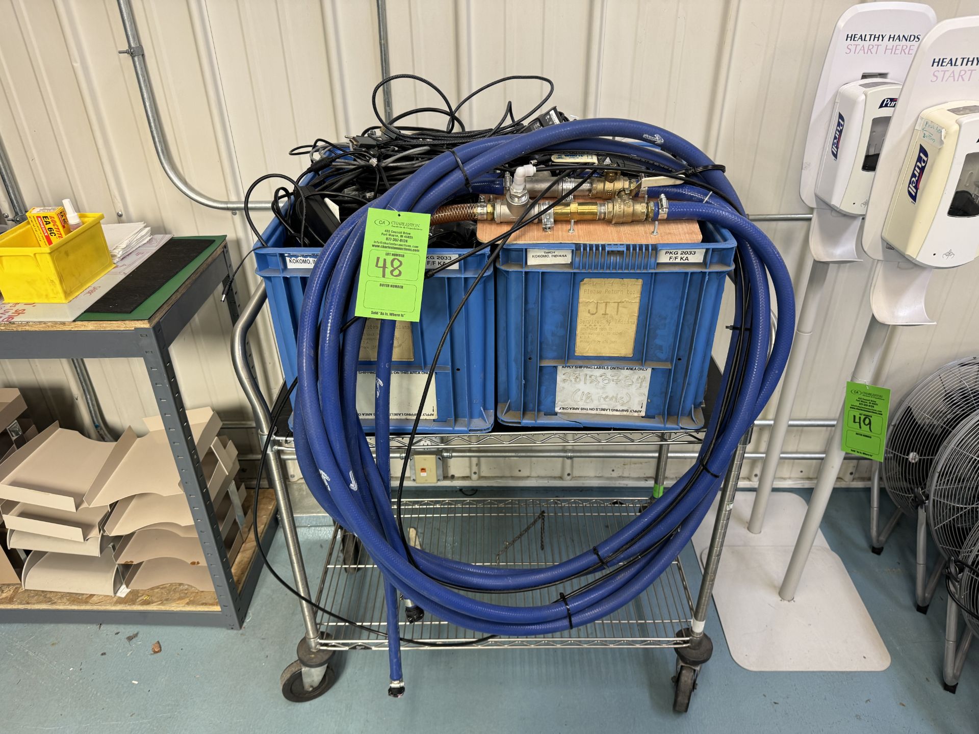 MATERIAL CART WITH CONTENTS: HOSE AND VARIOUS CARTS