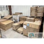 (LOT) LARGE ASSORTMENT MISCELLANEOUS SIZE CARDBOARD SHIPPING BOXES WITH BOXES ON WOOD RACK ALONG