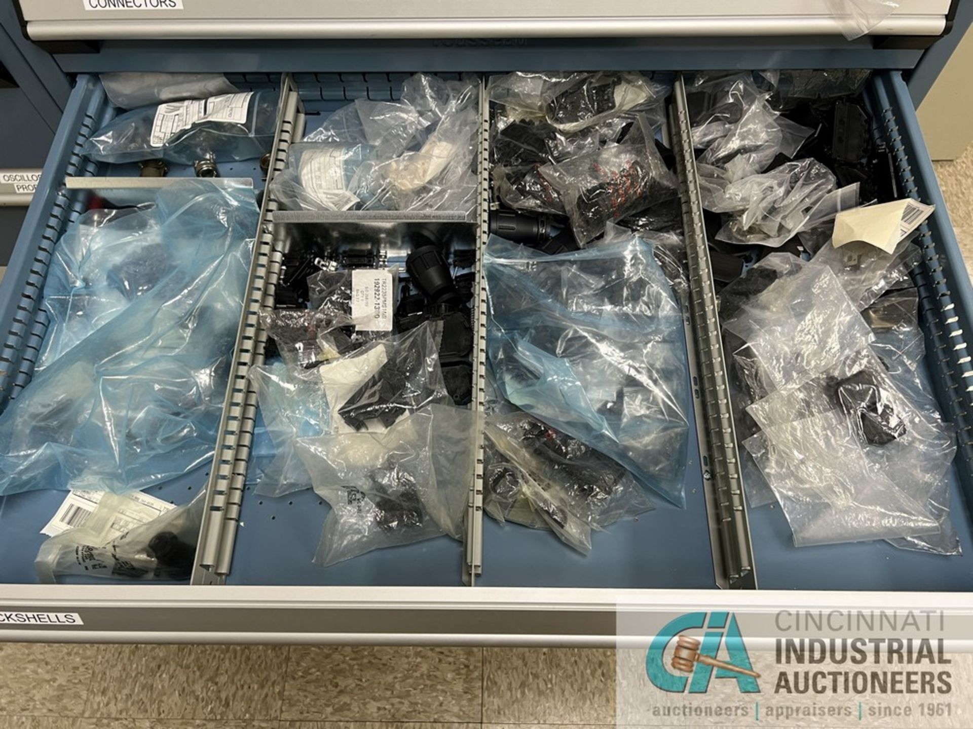 14-DRAWER ROUSSEAU PARTS CABINET WITH CONTENTS INCLUDING WIRING, CONNECTORS, SOLENOIDS, MOTORS, - Image 11 of 15