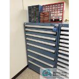 8-DRAWER ROUSSEAU PARTS CABINET WITH CONTENTS INCLUDING RESISTORS, PROBES, HARDWARE (ENG LAB)