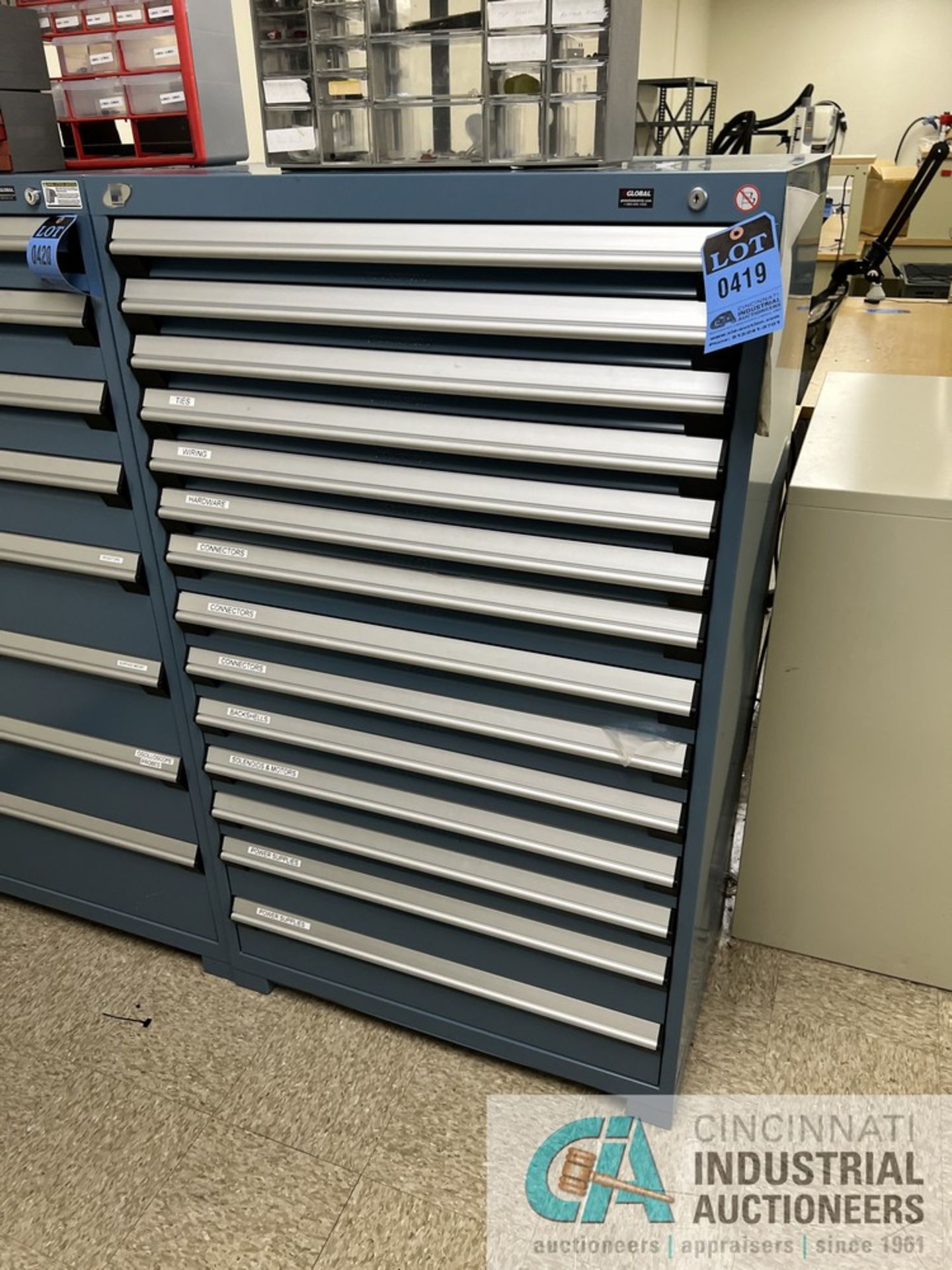 14-DRAWER ROUSSEAU PARTS CABINET WITH CONTENTS INCLUDING WIRING, CONNECTORS, SOLENOIDS, MOTORS,