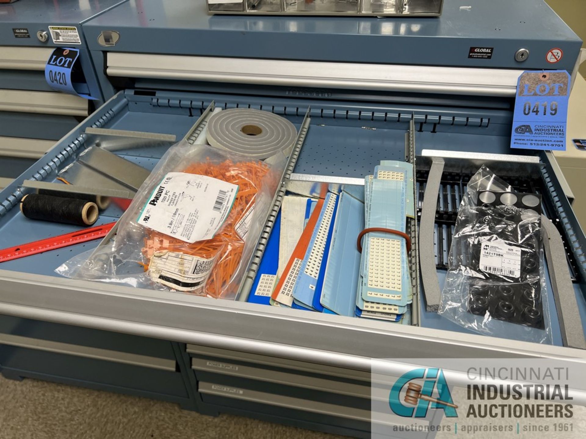 14-DRAWER ROUSSEAU PARTS CABINET WITH CONTENTS INCLUDING WIRING, CONNECTORS, SOLENOIDS, MOTORS, - Image 3 of 15