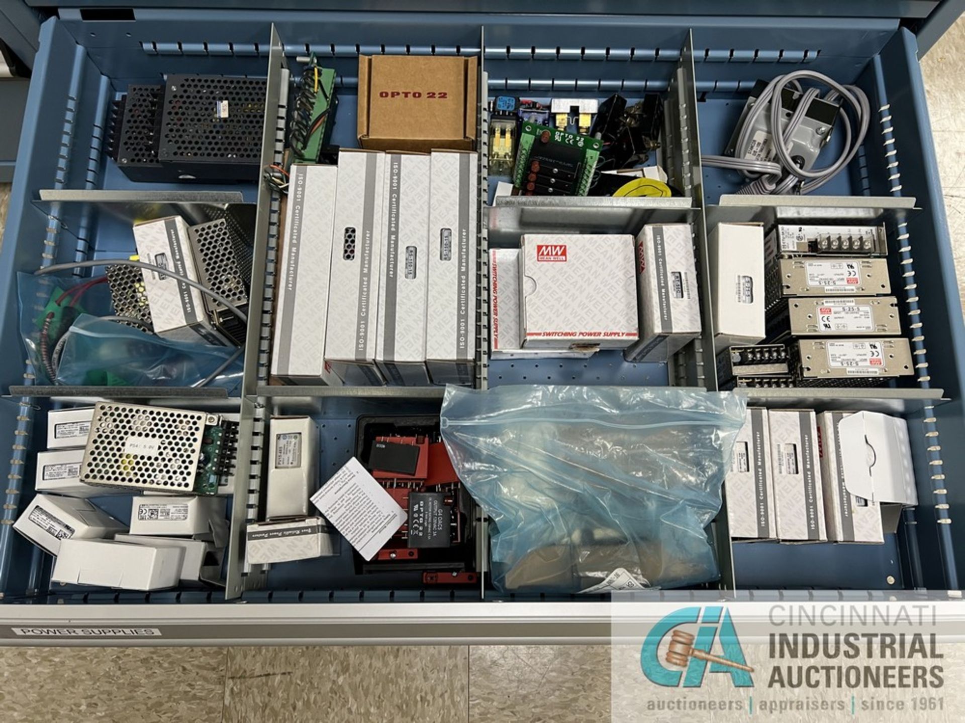 14-DRAWER ROUSSEAU PARTS CABINET WITH CONTENTS INCLUDING WIRING, CONNECTORS, SOLENOIDS, MOTORS, - Image 14 of 15