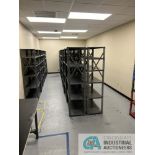 (LOT) STEEL SHELVES, STEEL FRAME BENCH, TWO-DOOR CABINET