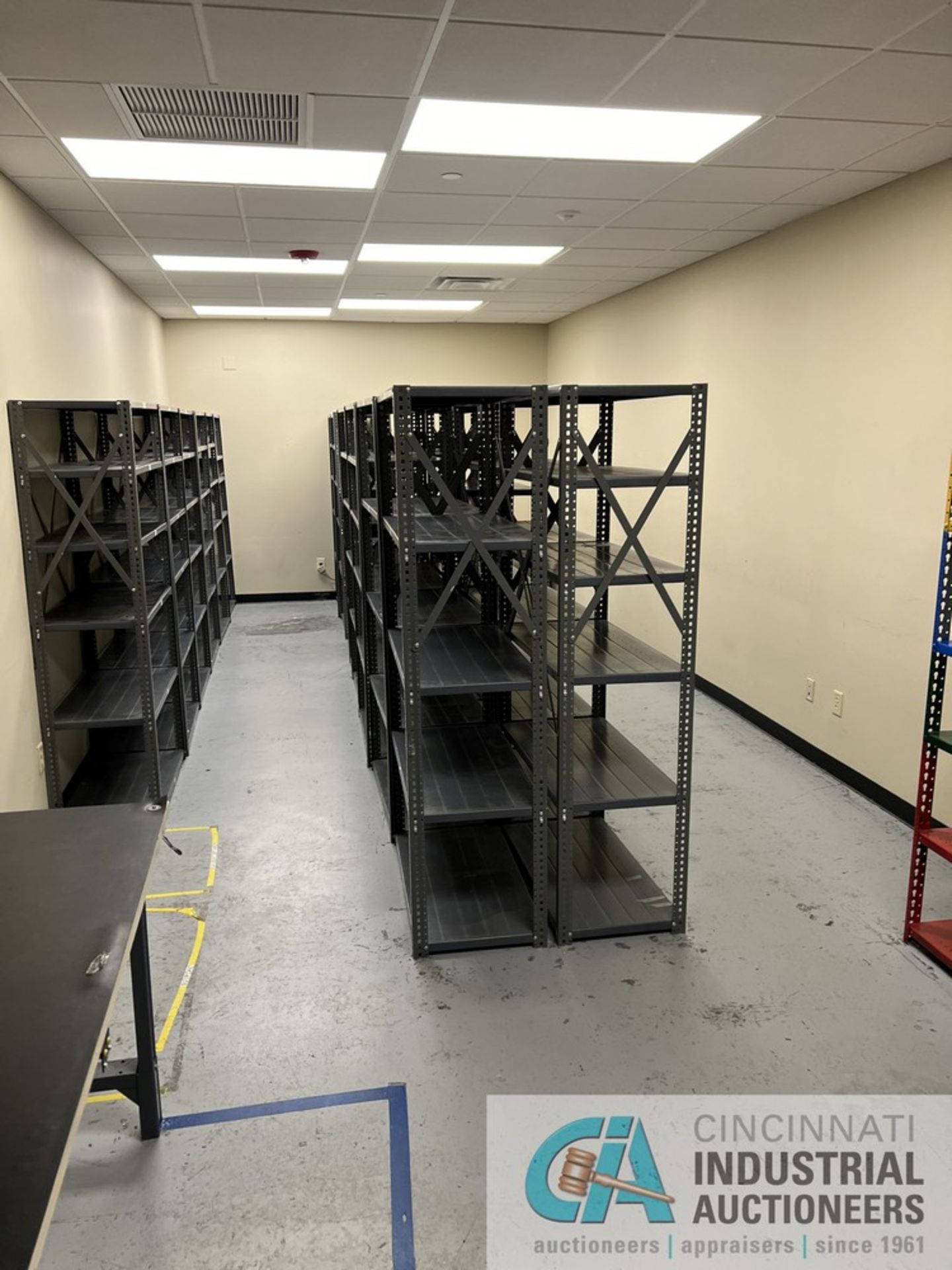 (LOT) STEEL SHELVES, STEEL FRAME BENCH, TWO-DOOR CABINET