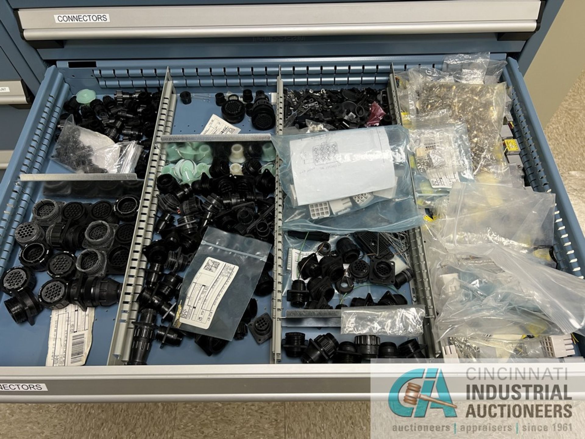 14-DRAWER ROUSSEAU PARTS CABINET WITH CONTENTS INCLUDING WIRING, CONNECTORS, SOLENOIDS, MOTORS, - Image 10 of 15