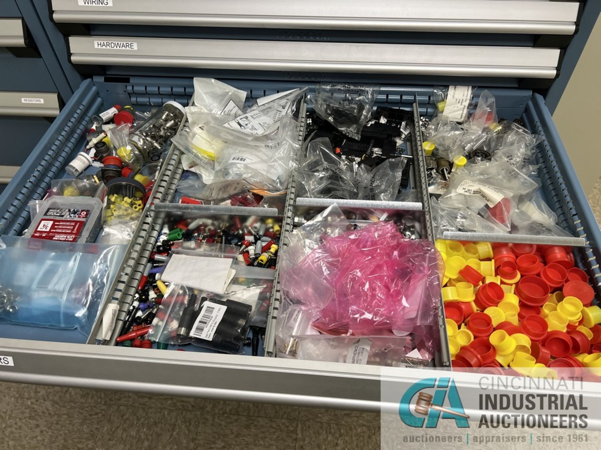 14-DRAWER ROUSSEAU PARTS CABINET WITH CONTENTS INCLUDING WIRING, CONNECTORS, SOLENOIDS, MOTORS, - Image 8 of 15