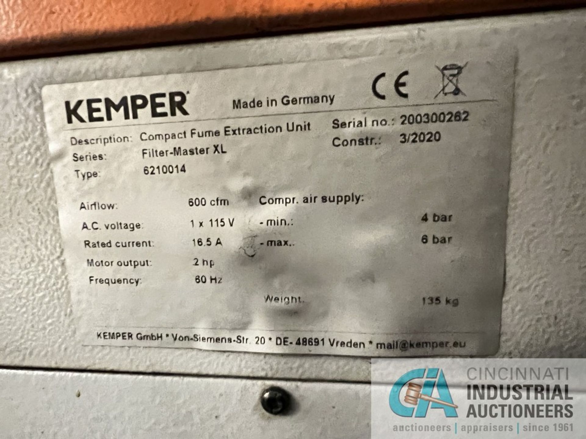 KEMPER FILTER MASTER XL WELDING FUME EXTRACTOR; S/N 200300262 (2020) (OUTBACK) - Image 3 of 3