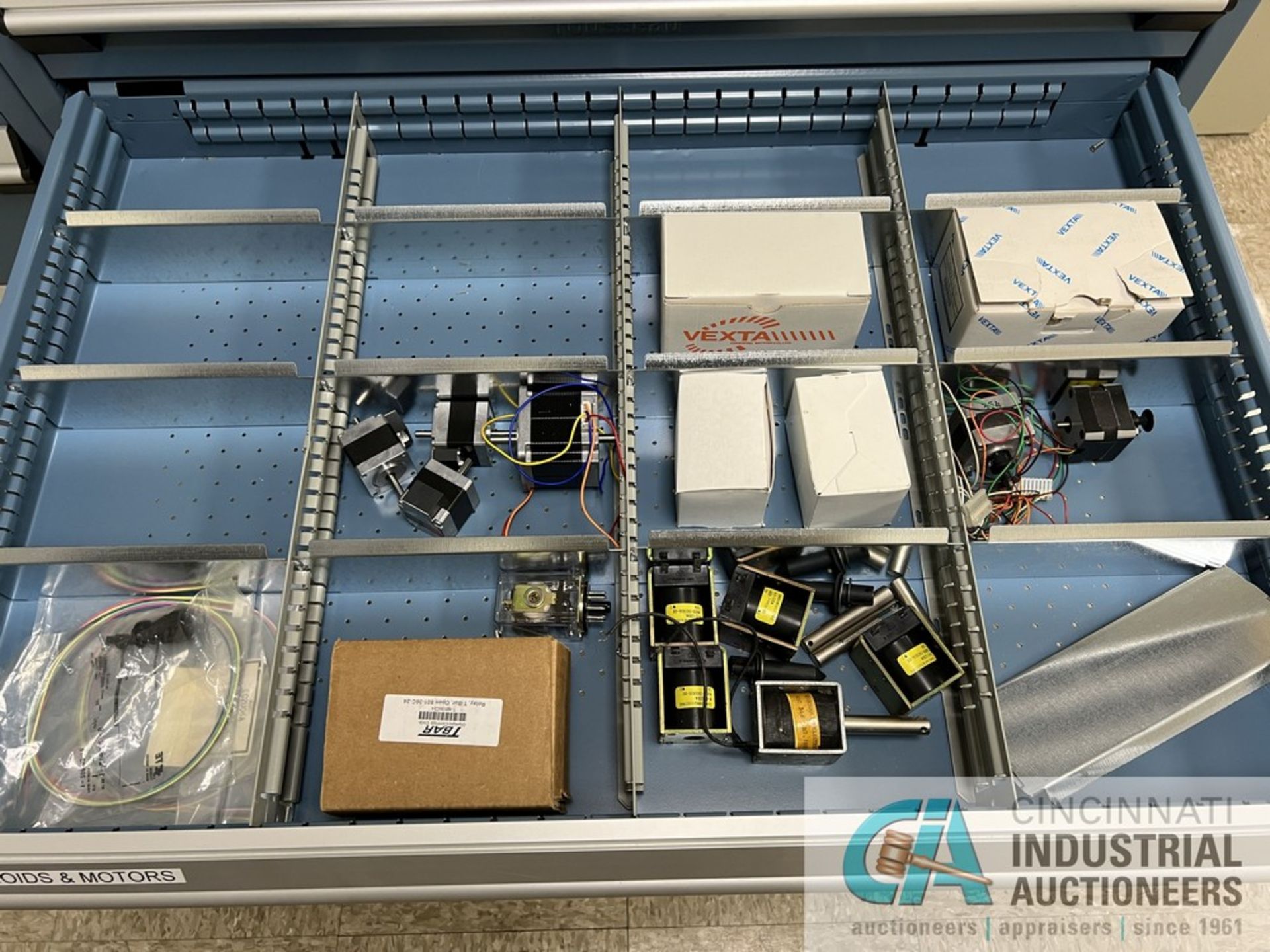 14-DRAWER ROUSSEAU PARTS CABINET WITH CONTENTS INCLUDING WIRING, CONNECTORS, SOLENOIDS, MOTORS, - Image 12 of 15