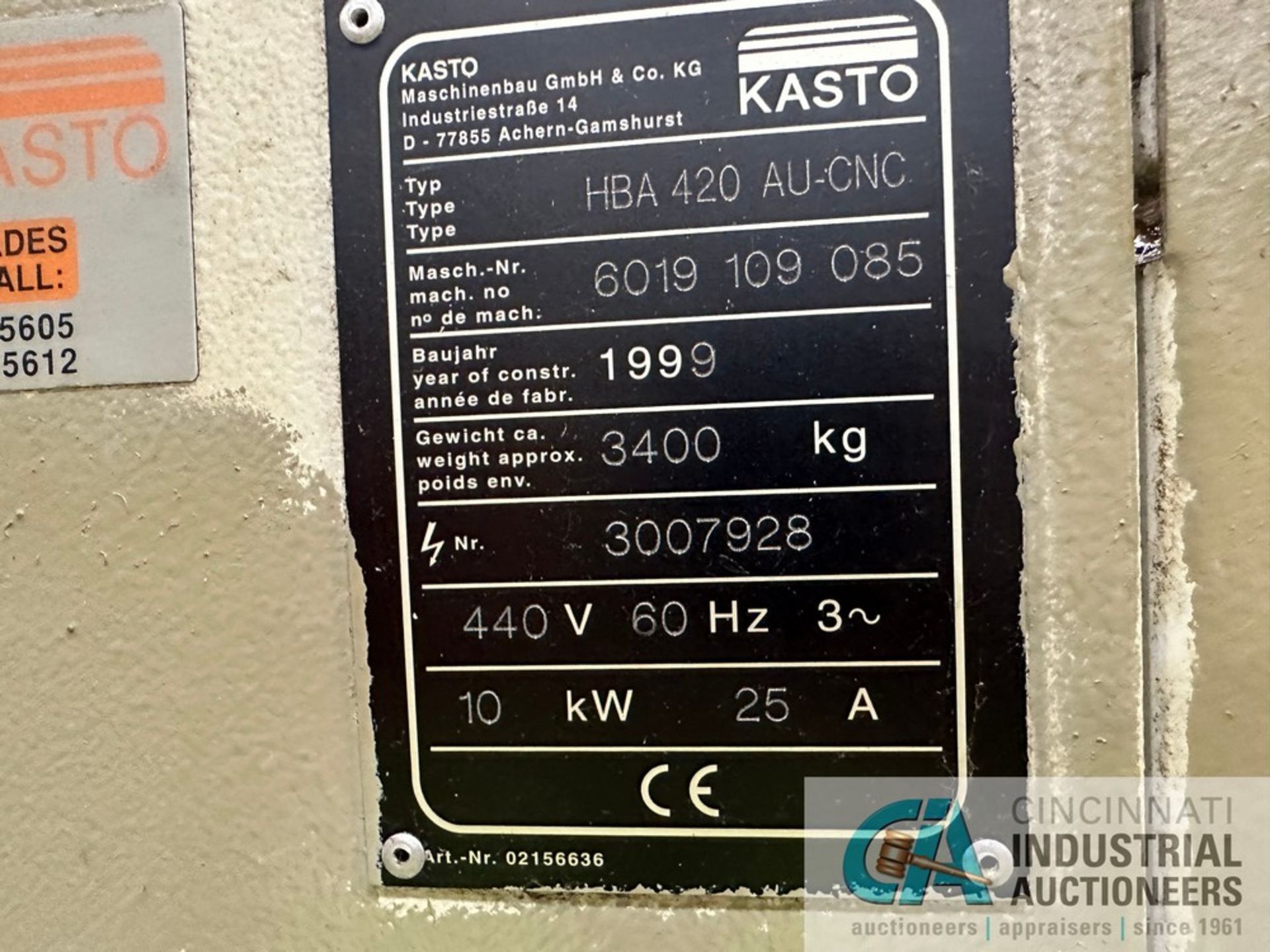 ****16” X 16” KASTO MODEL HBA420AU-CNC AUTOMATIC HORIZONTAL BAND SAW; S/N 6019-109-085/3007928, 5’ - Image 7 of 22