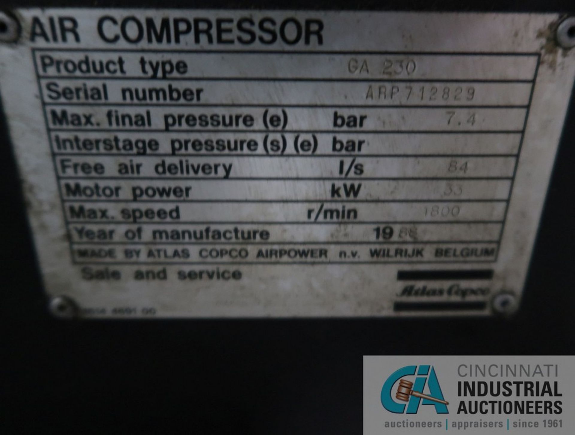 40 HP ATLAS COPCO MODEL GA230 ROTARY SCREW AIR COMPRESSOR; S/N ARP712829 (NEW 1988) **SPECIAL NOTICE - Image 8 of 8