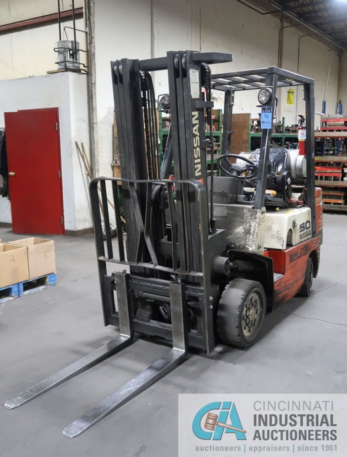 5,000 LB. NISSAN MODEL CPJ02A25PV LP GAS SOLID TIRE THREE-STAGE MAST FORKLIFT; S/N CPJ02-9W2164,