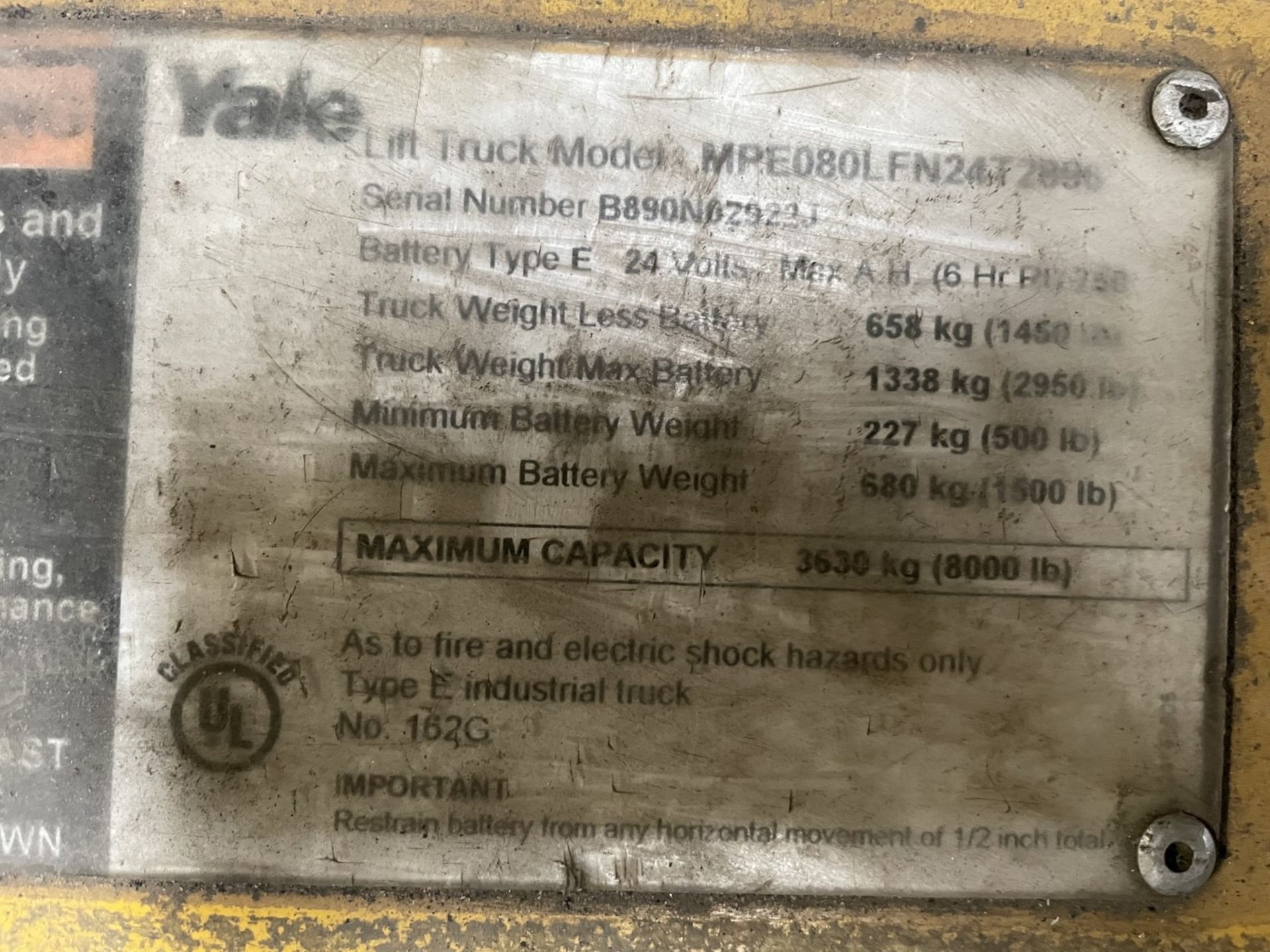 8,000 LB. YALE ELECTRIC PALLET JACK, DOUBLE PALLET LENGTH, 24-VOLT, 775 HOURS, TRUCK WEIGHT WITH BA - Image 8 of 8