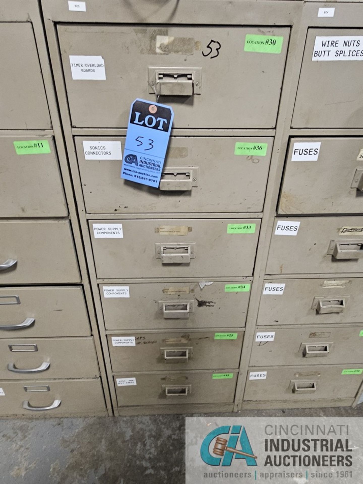 6-DRAWER CABINET WITH ASSORTED ELECTRICAL; PC BOARDS, SONIC CONNECTORS, POWER SUPPLY PARTS, RELAYS