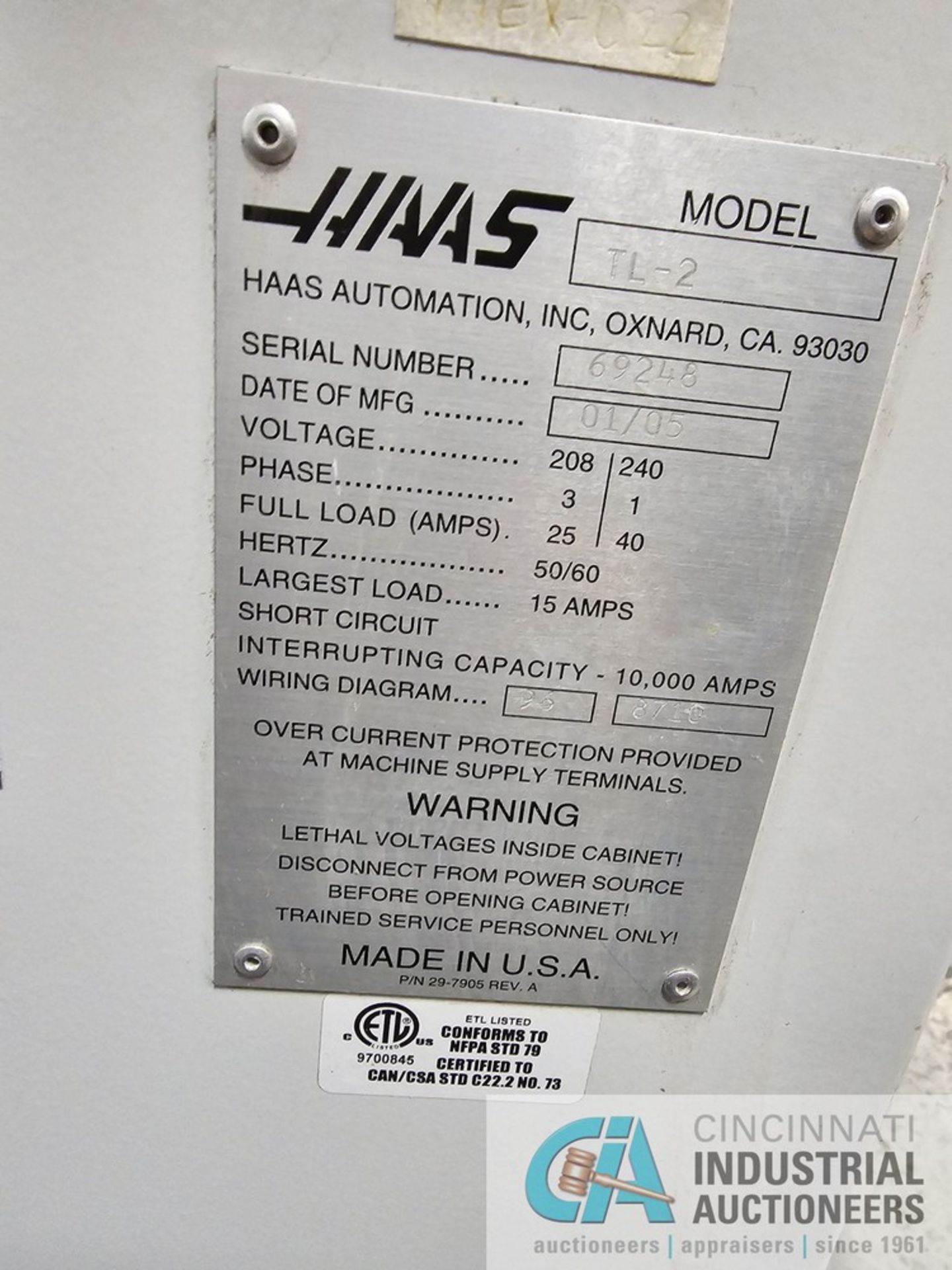 28" X 48" HAAS MODEL TL-2 CNC LATHE; S/N 69248, 2-3/4" SPINDLE HOLE, TAILSTOCK, 10" 3-JAW CHUCK - Image 7 of 10