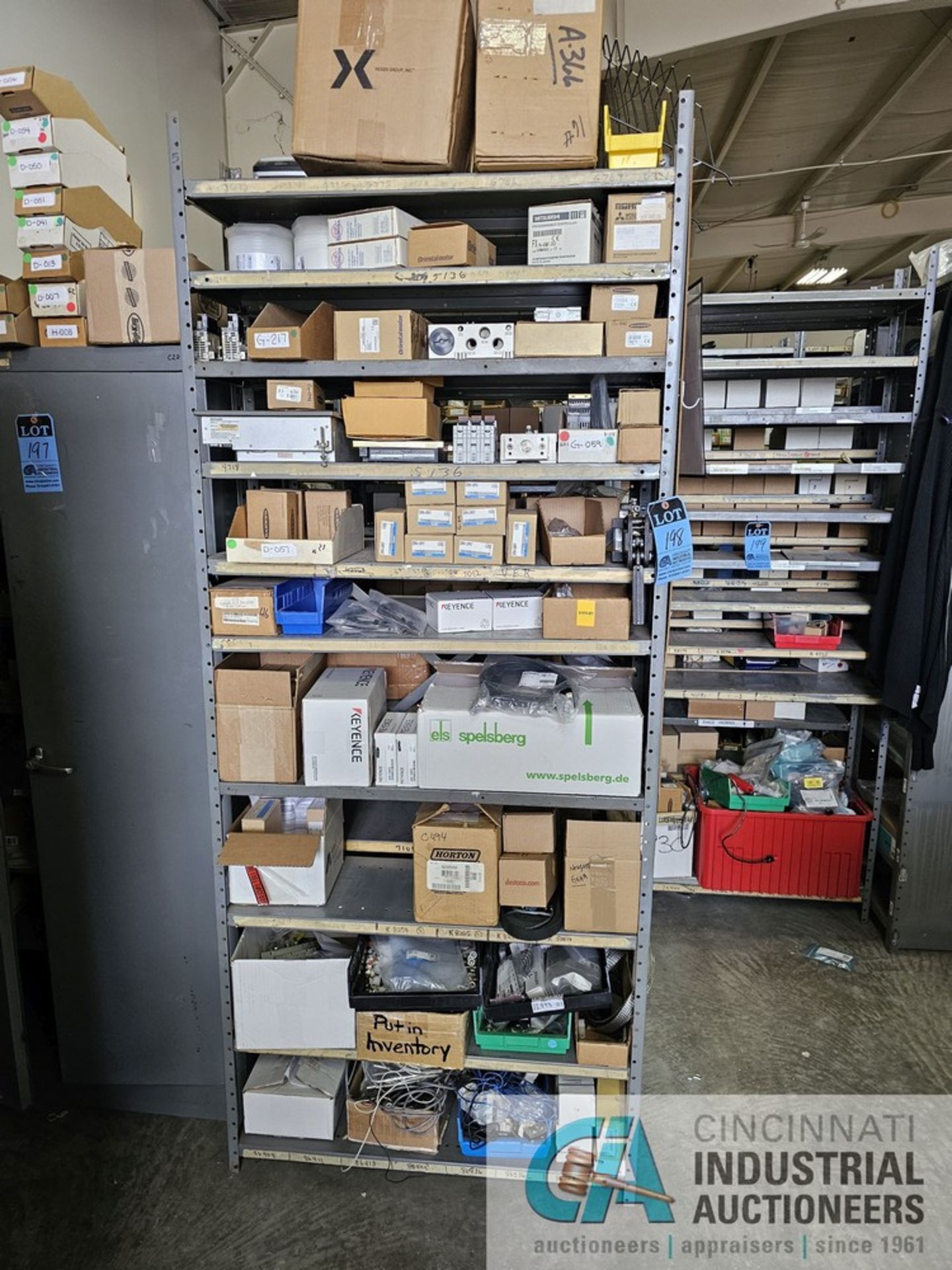 SECTIONS OF SHELVING WITH ELECTRICAL ITEMS BY KEYENCE, SMC, MITSUBISHI, SPELSBERG AND OTHERS