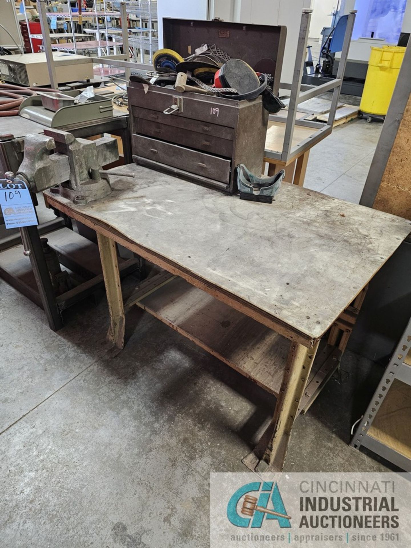 (LOT) 28" X 42" BENCH WITH 4" VISE AND TOOLBOX