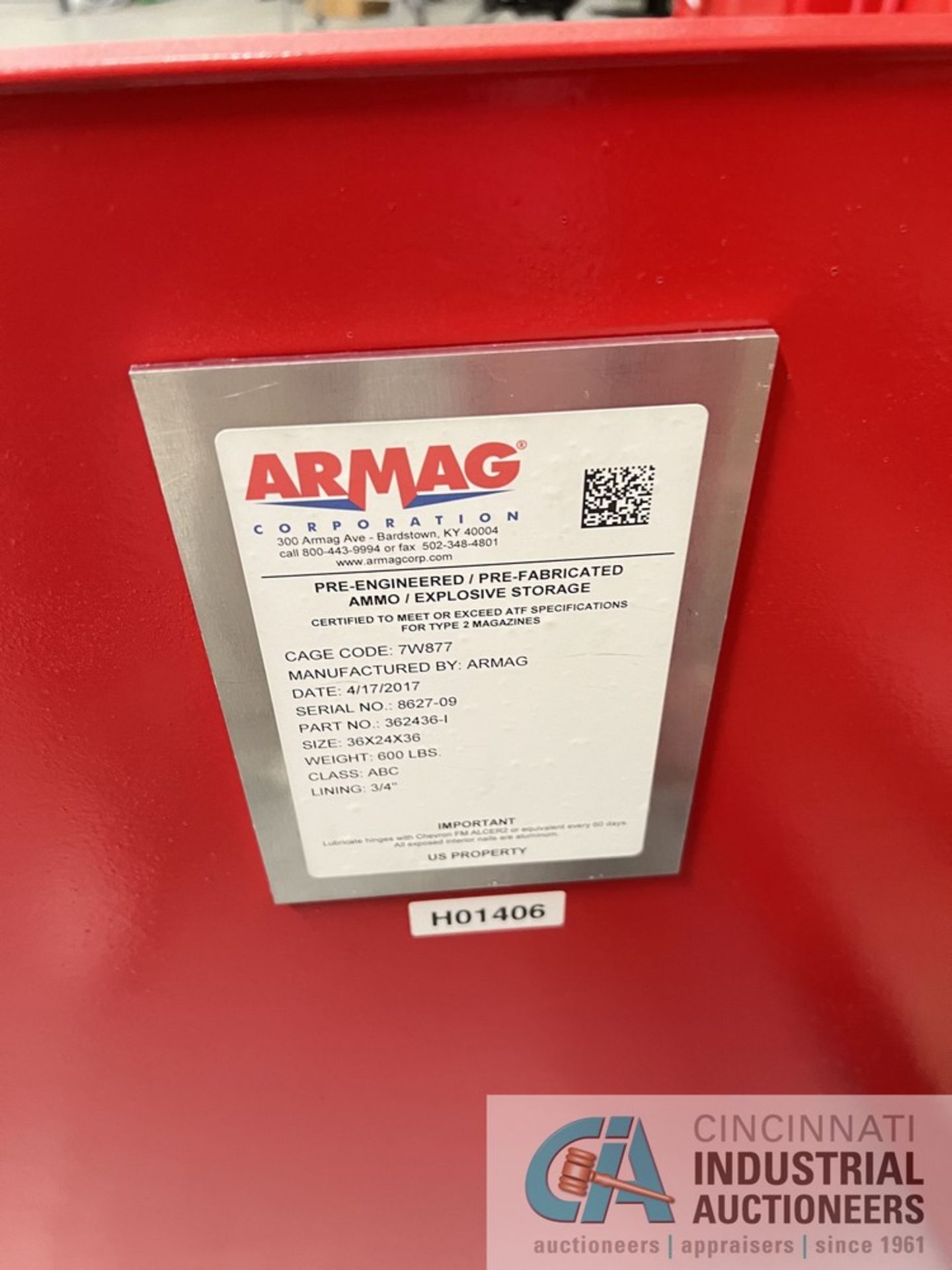 36" X 24" X 36" ARMAG TYPE 2 EXPLOSIVE STORAGE MAGAZINE; S/N 8627-09, CAGE CODE 7W877 (2017) ( - Image 3 of 3