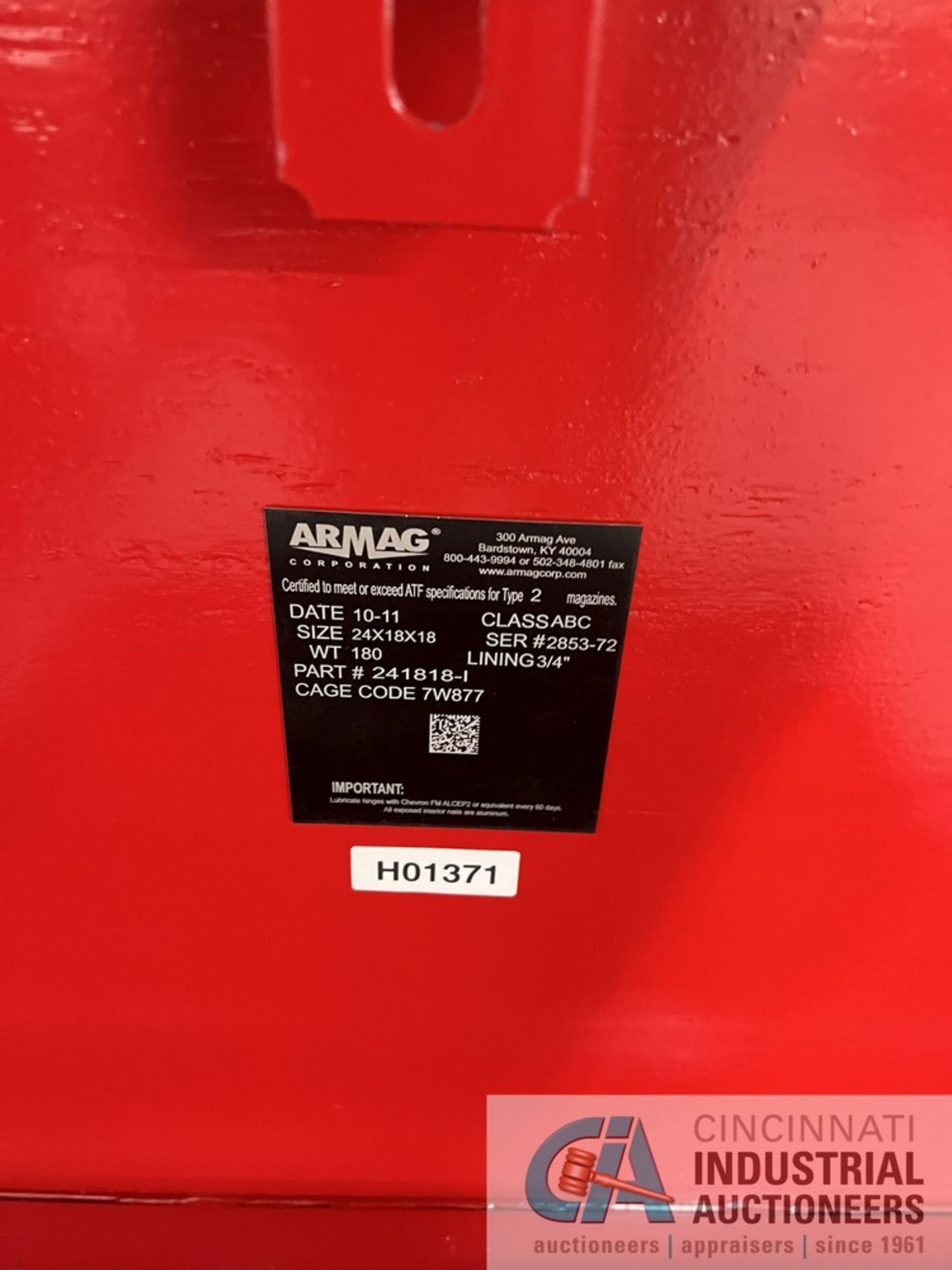 24" X 18" X 18" ARMAG TYPE 2 EXPLOSIVE STORAGE MAGAZINE; S/N 2853-72, CAGE CODE 7W877 (2011) ( - Image 4 of 4