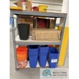 (LOT) TRASH CANS AND RACK (WAREHOUSE)