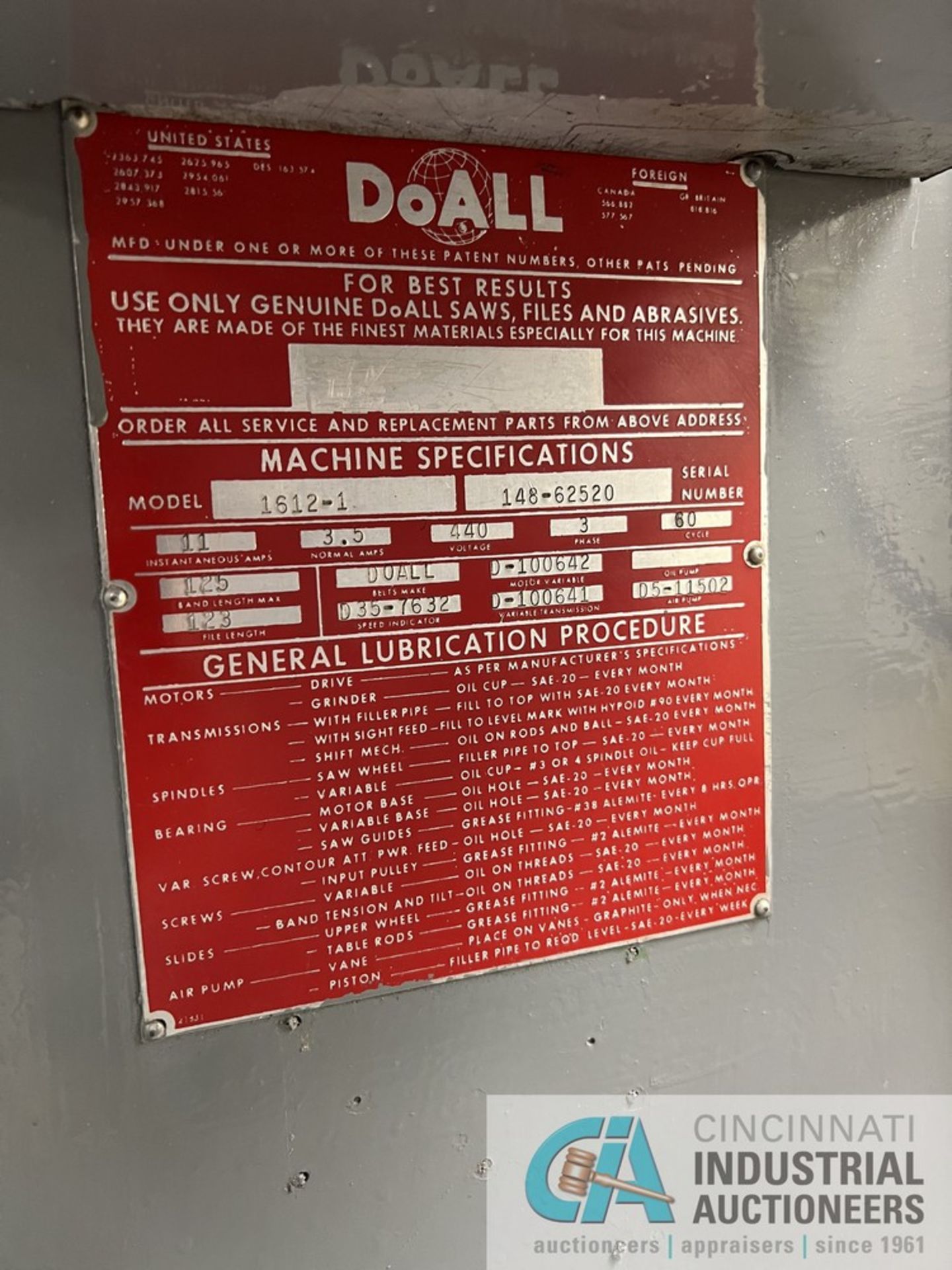 16" DOALL MODEL 1612-1 CONTOUR VERTICAL BAND SAW WITH WELDER; S/N 148-62520 (MAINTENANCE SHOP) - Image 3 of 3