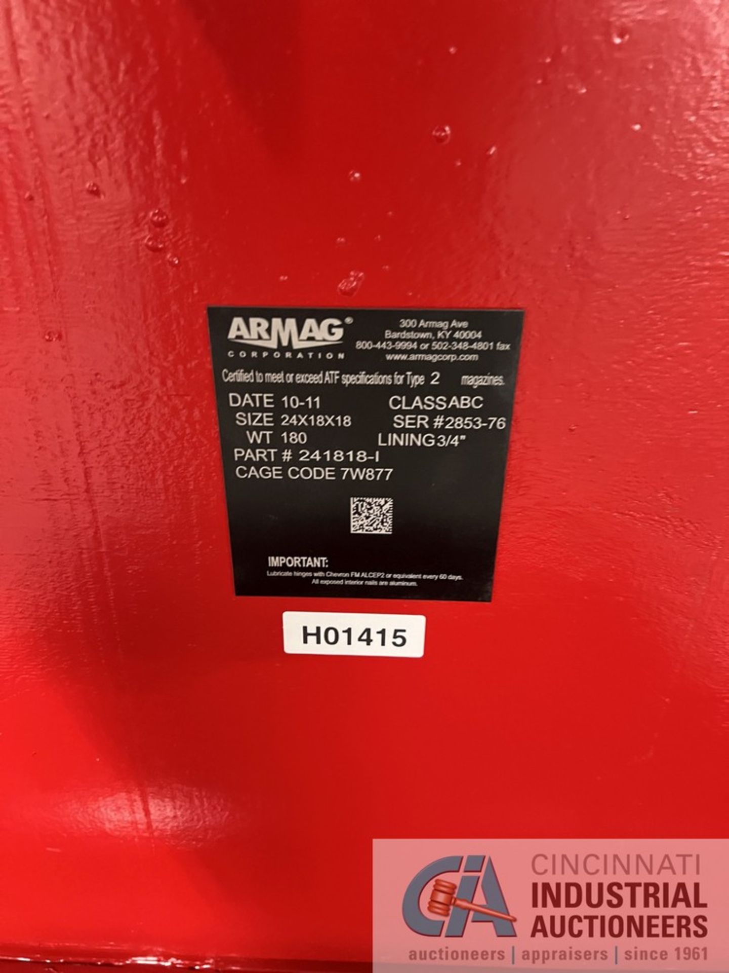 24" X 18" X 18" ARMAG TYPE 2 EXPLOSIVE STORAGE MAGAZINE; S/N 2853-76, CAGE CODE 7W877 (2011) ( - Image 3 of 3