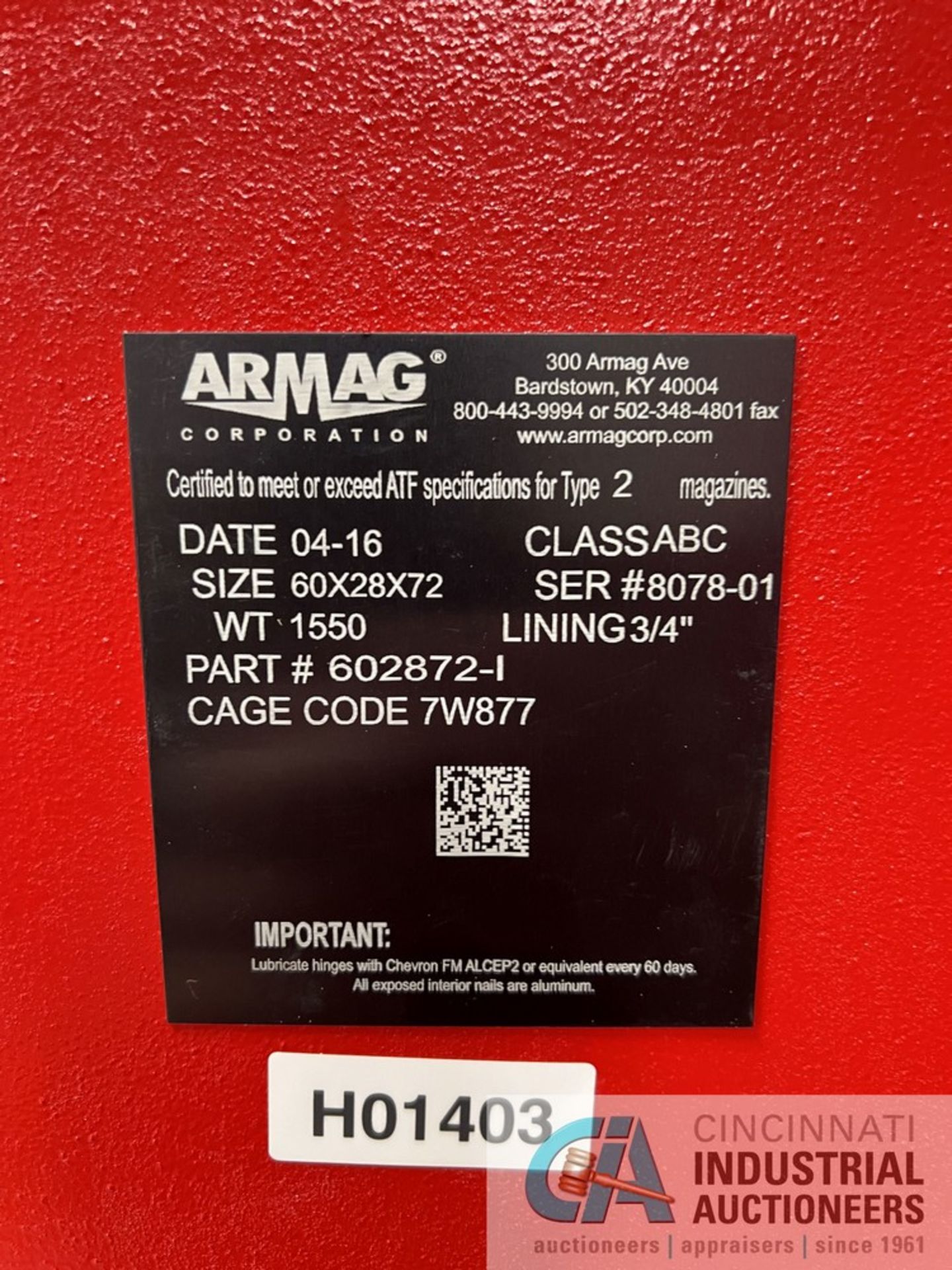 60" X 28" X 72" ARMAG TYPE 2 EXPLOSIVE STORAGE MAGAZINE; S/N 8078-01, CAGE CODE 7W877/2016 ( - Image 3 of 3